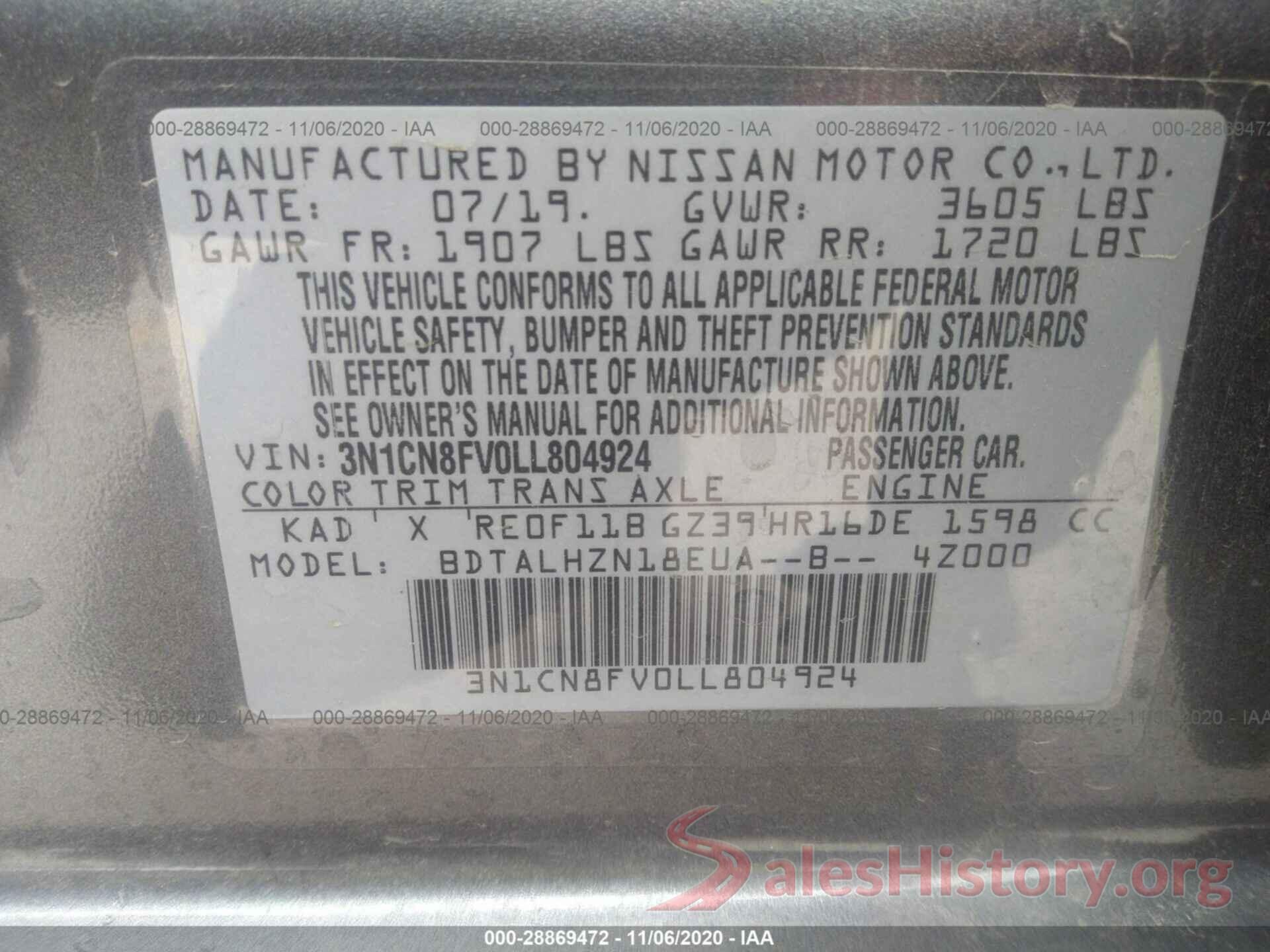 3N1CN8FV0LL804924 2020 NISSAN VERSA