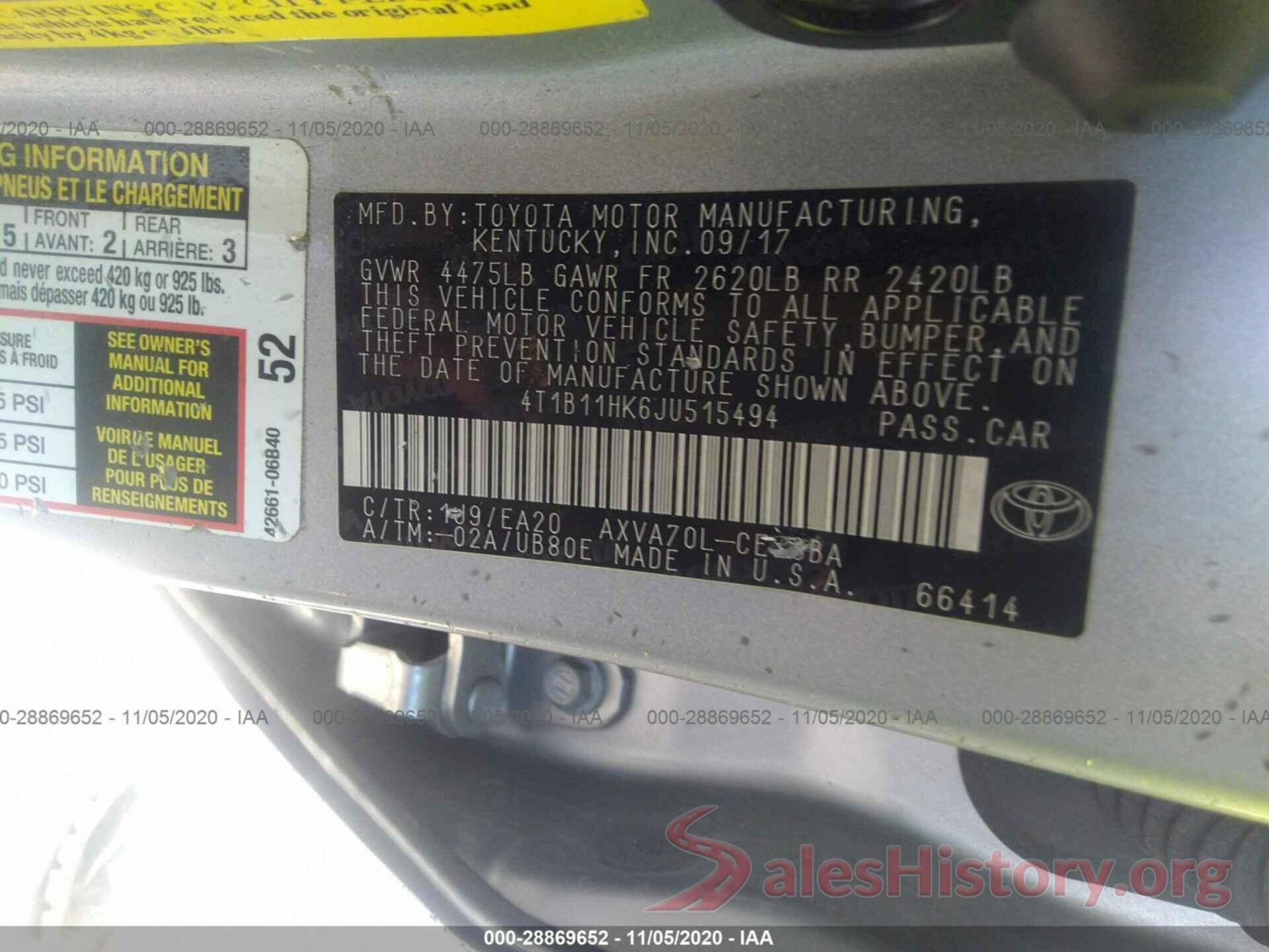 4T1B11HK6JU515494 2018 TOYOTA CAMRY