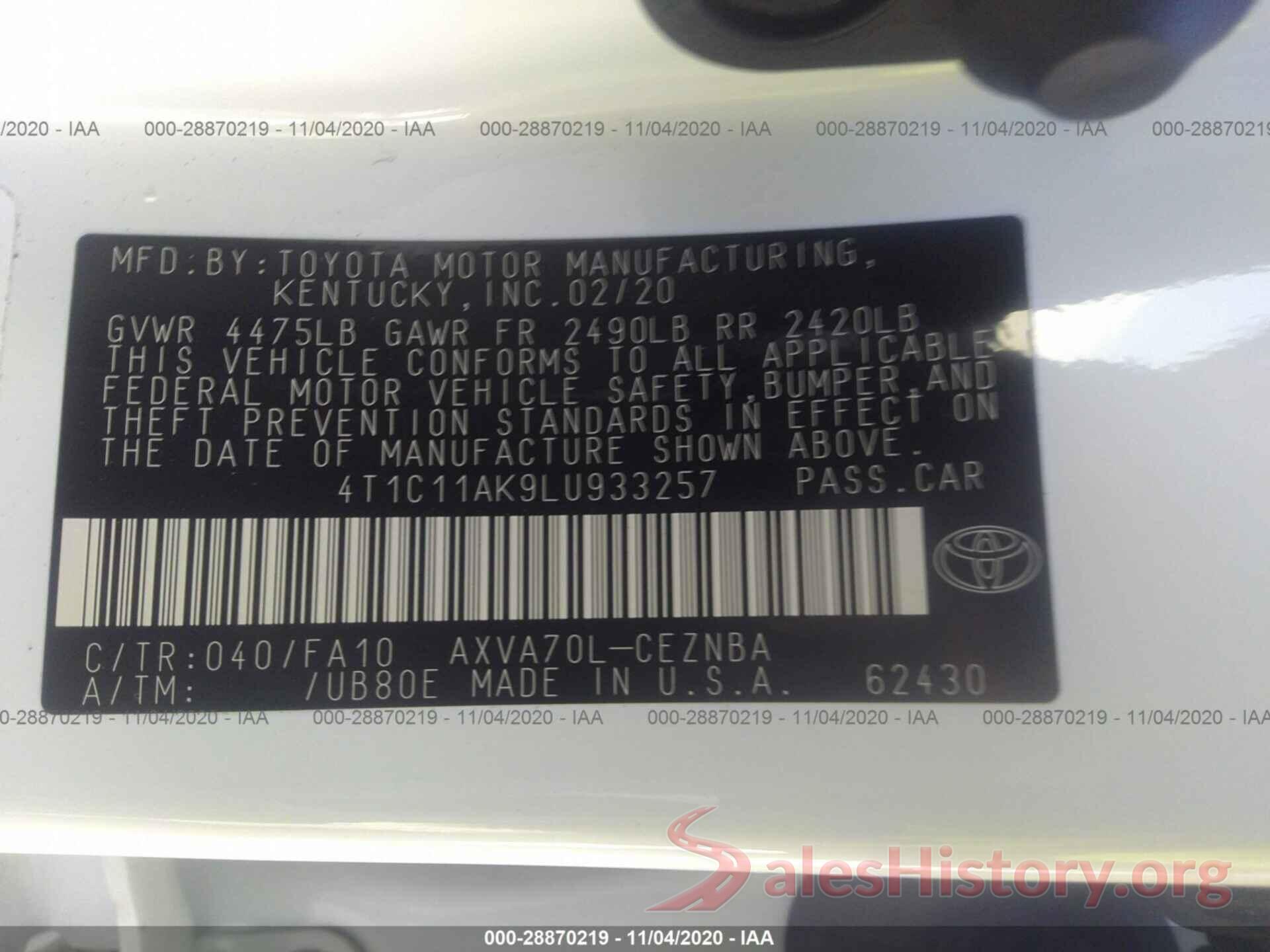 4T1C11AK9LU933257 2020 TOYOTA CAMRY