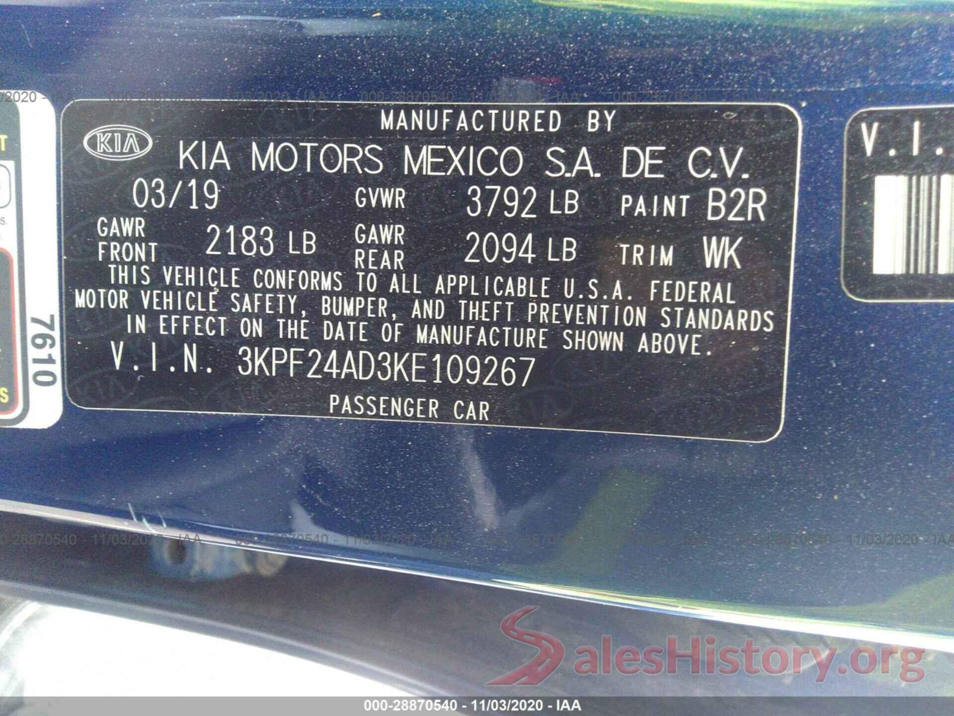 3KPF24AD3KE109267 2019 KIA FORTE