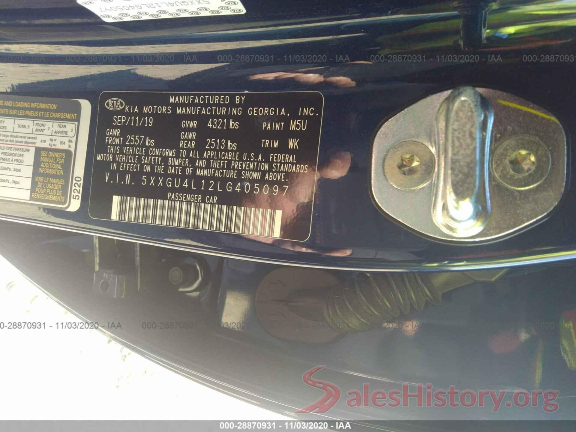 5XXGU4L12LG405097 2020 KIA OPTIMA