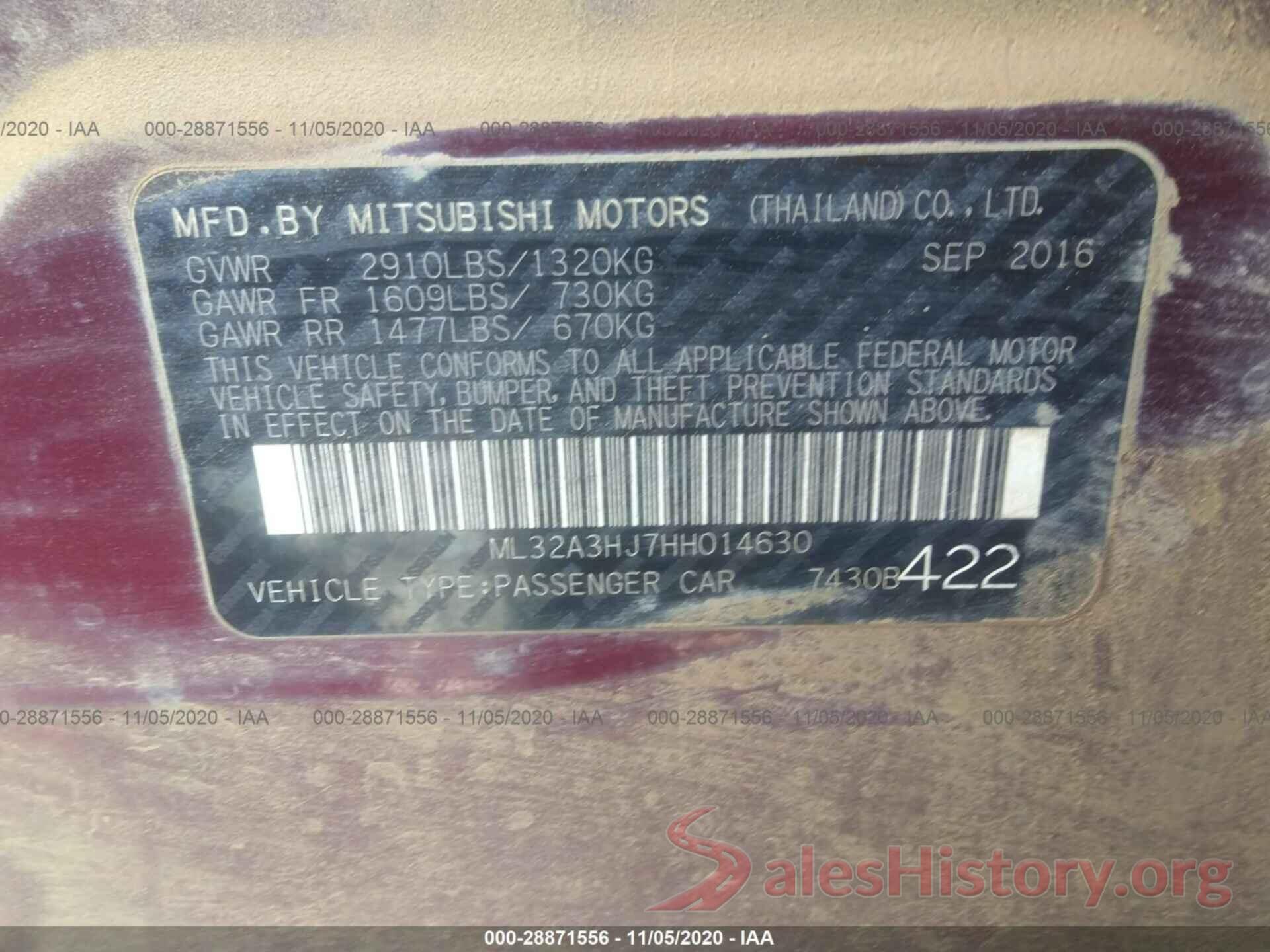 ML32A3HJ7HH014630 2017 MITSUBISHI MIRAGE