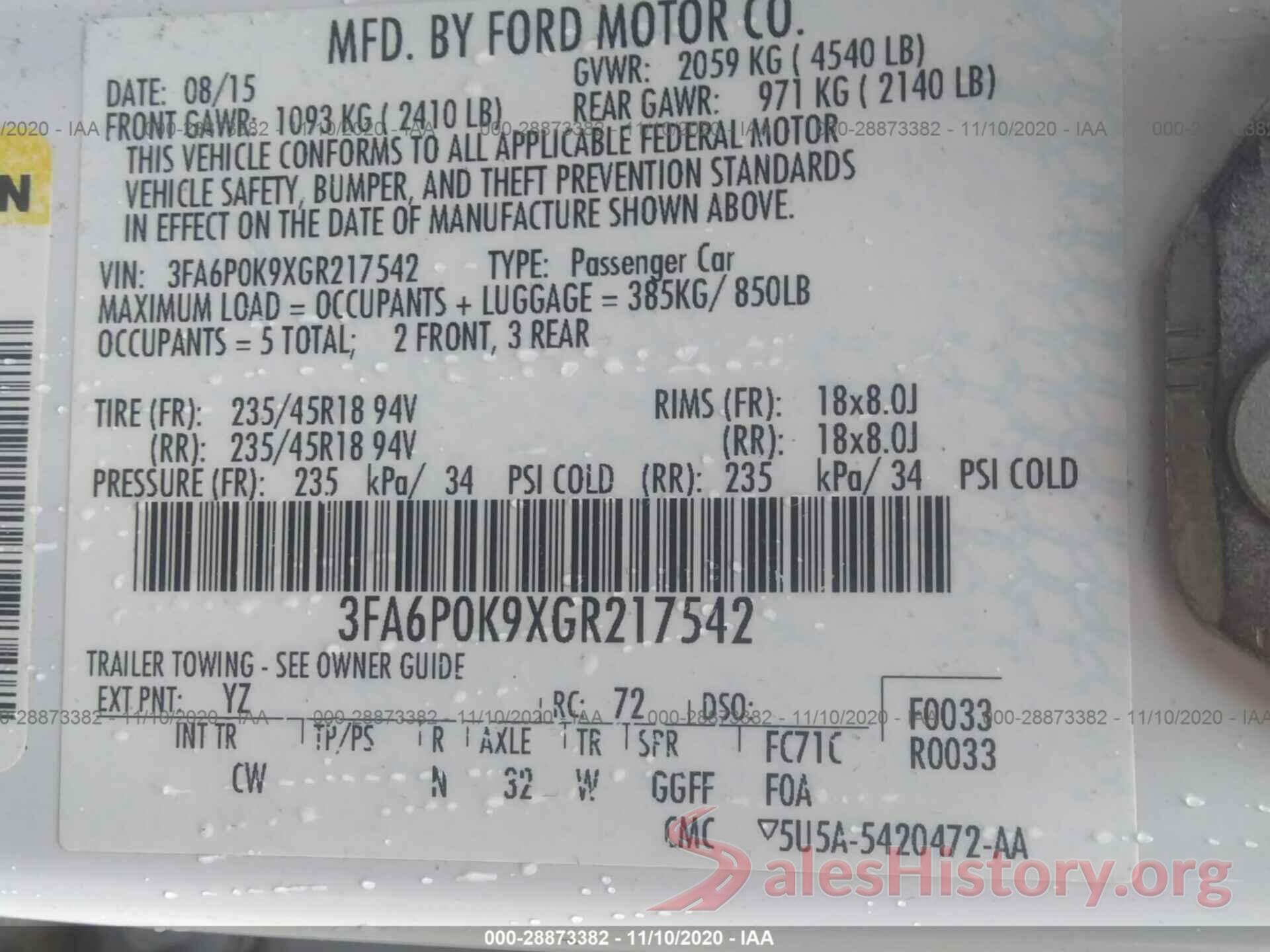 3FA6P0K9XGR217542 2016 FORD FUSION