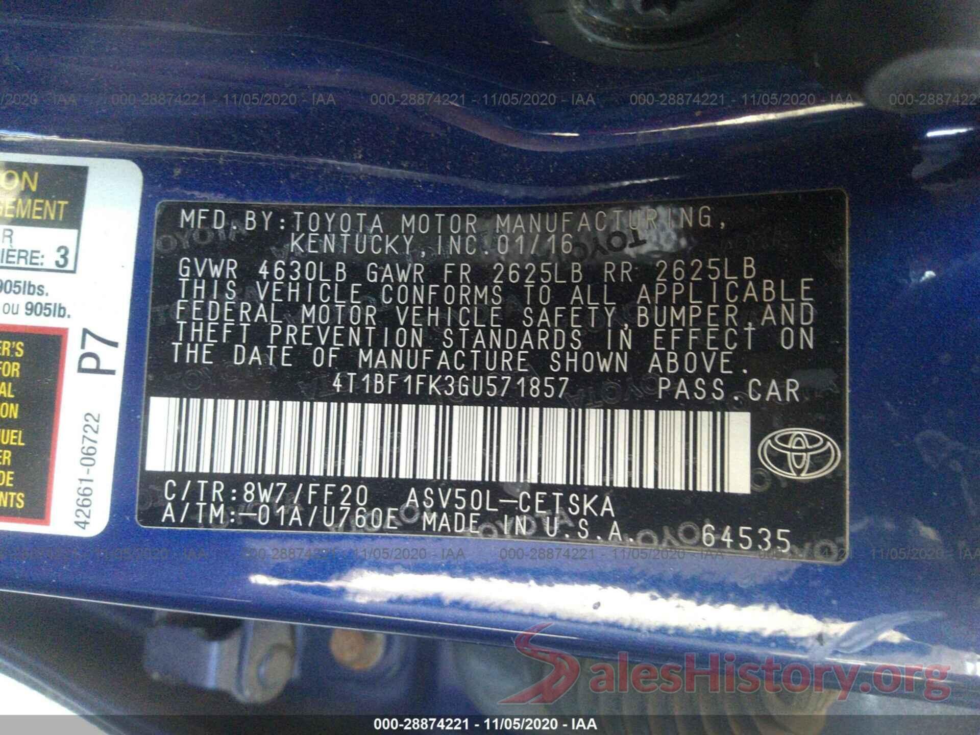 4T1BF1FK3GU571857 2016 TOYOTA CAMRY