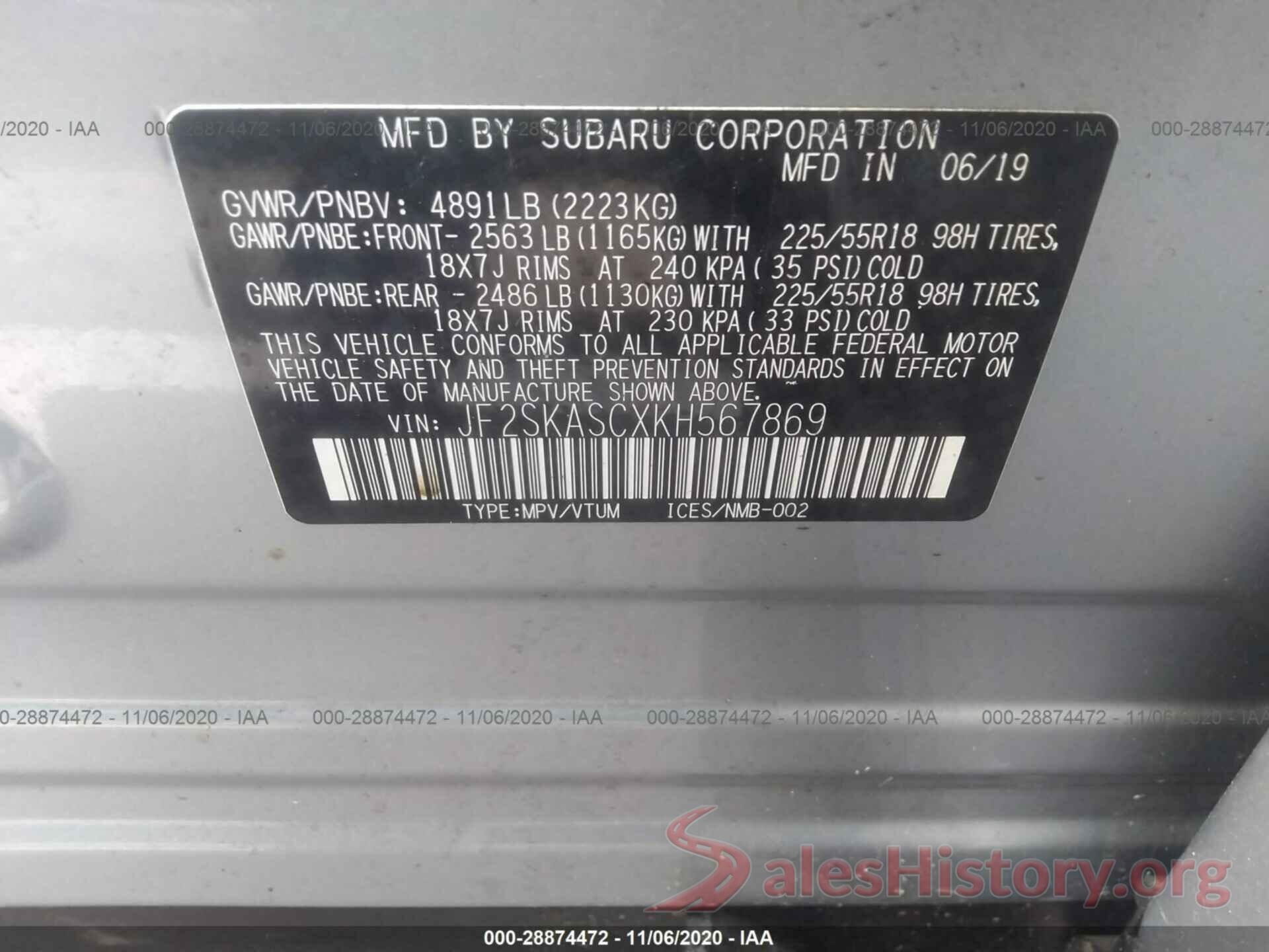 JF2SKASCXKH567869 2019 SUBARU FORESTER