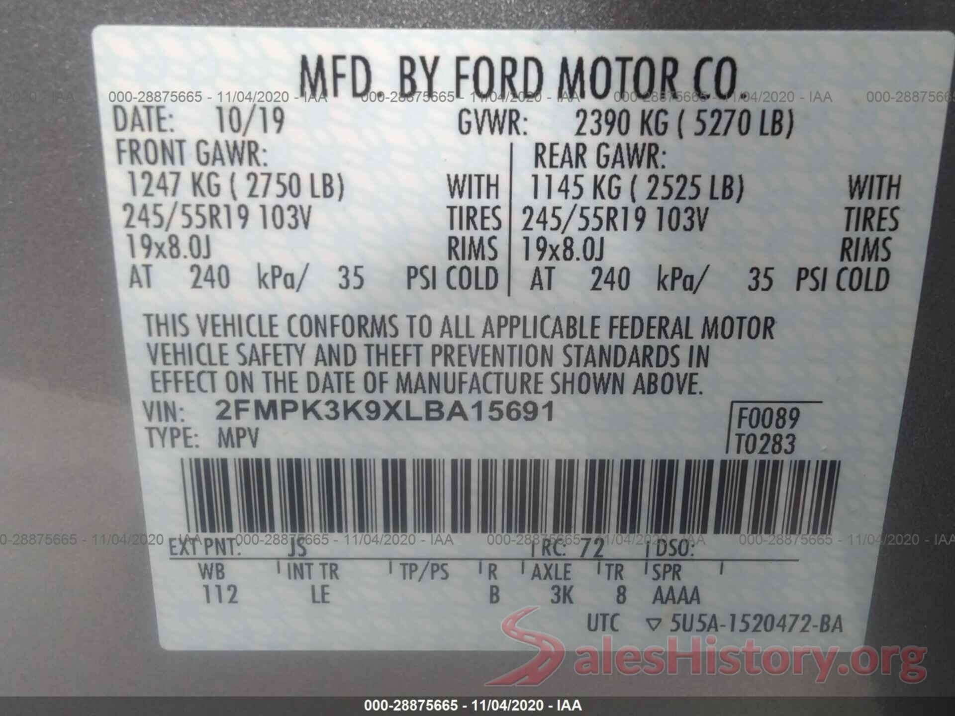 2FMPK3K9XLBA15691 2020 FORD EDGE