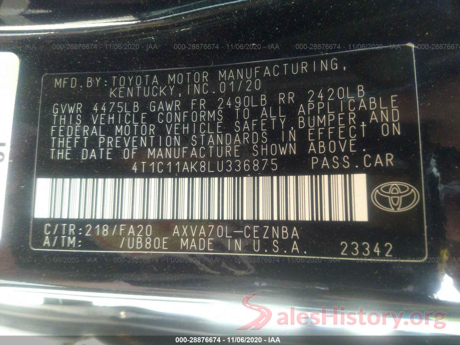 4T1C11AK8LU336875 2020 TOYOTA CAMRY