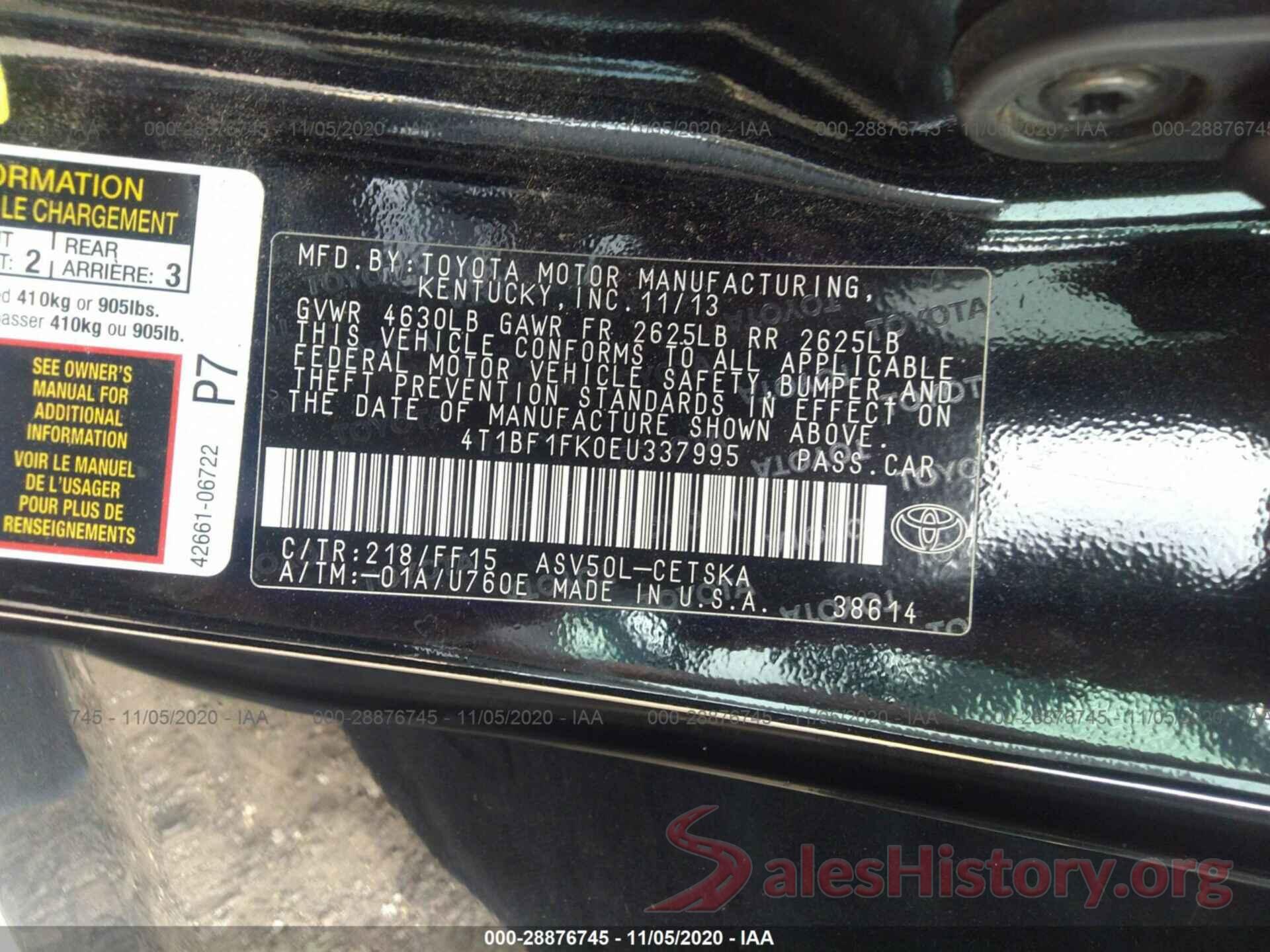 4T1BF1FK0EU337995 2014 TOYOTA CAMRY