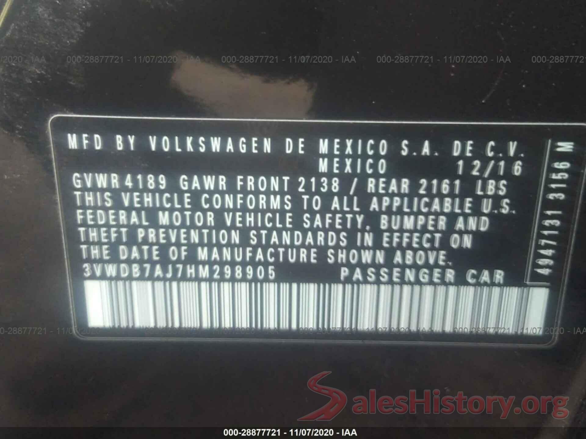 3VWDB7AJ7HM298905 2017 VOLKSWAGEN JETTA