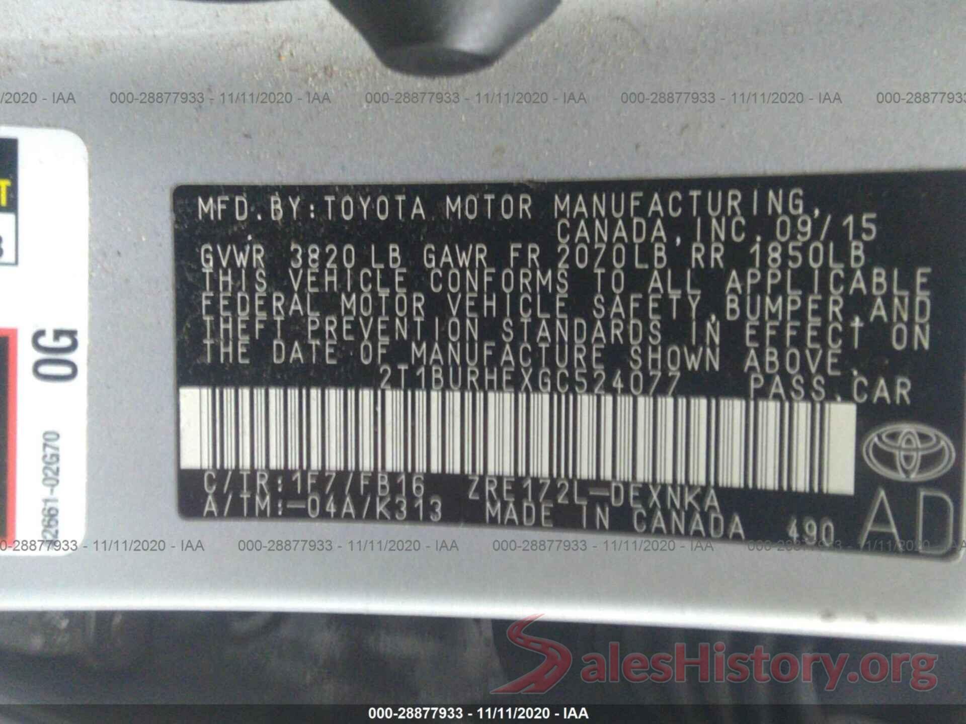 2T1BURHEXGC524077 2016 TOYOTA COROLLA