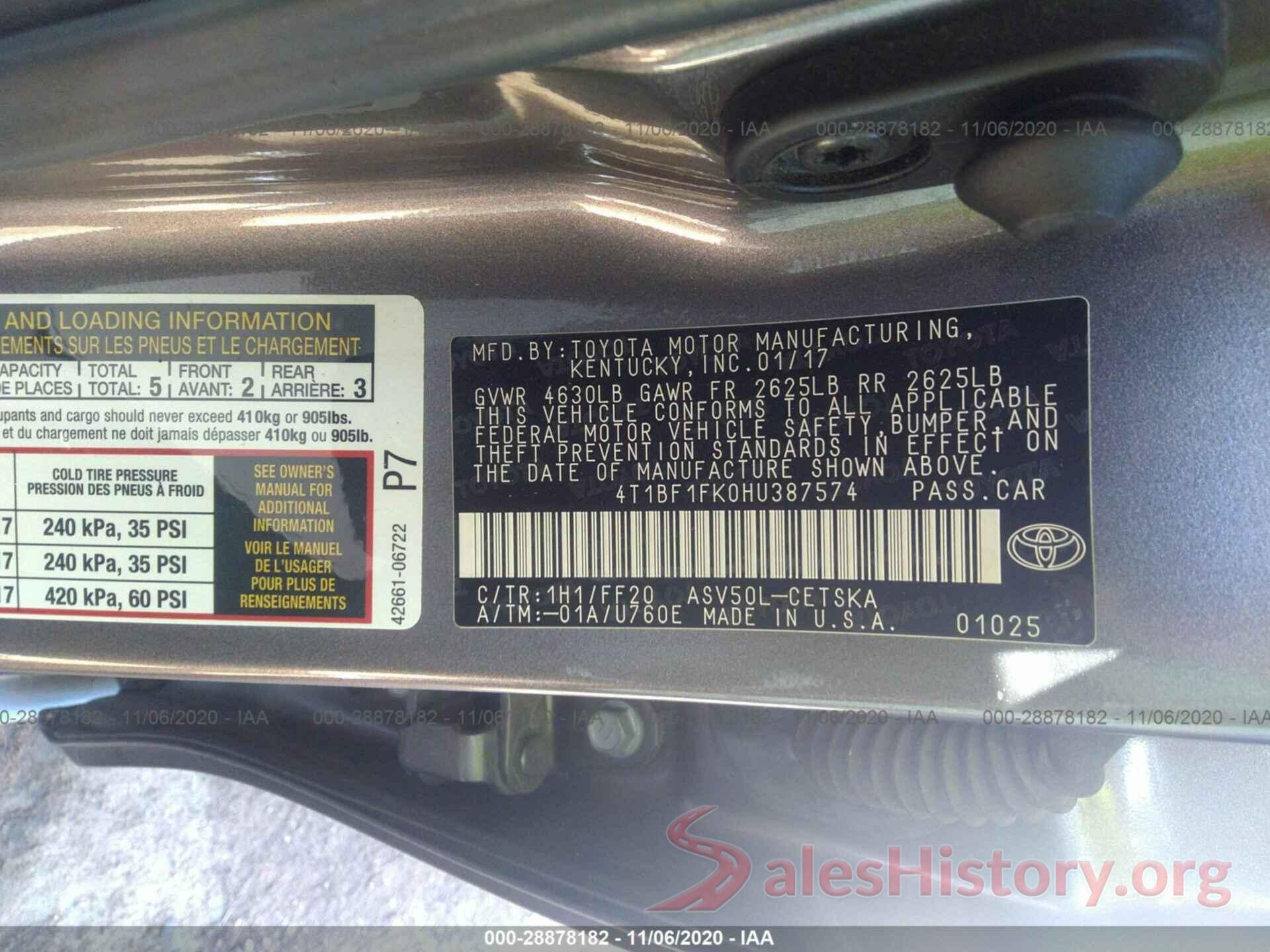 4T1BF1FK0HU387574 2017 TOYOTA CAMRY