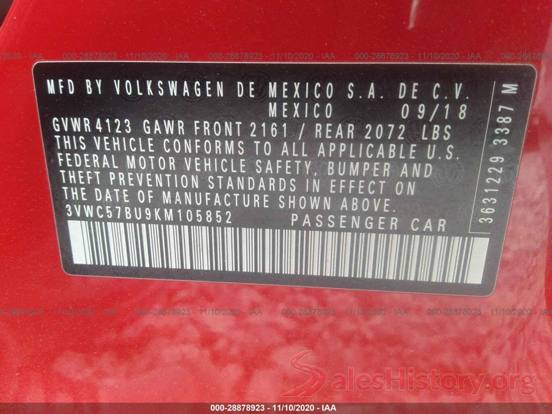 3VWC57BU9KM105852 2019 VOLKSWAGEN JETTA