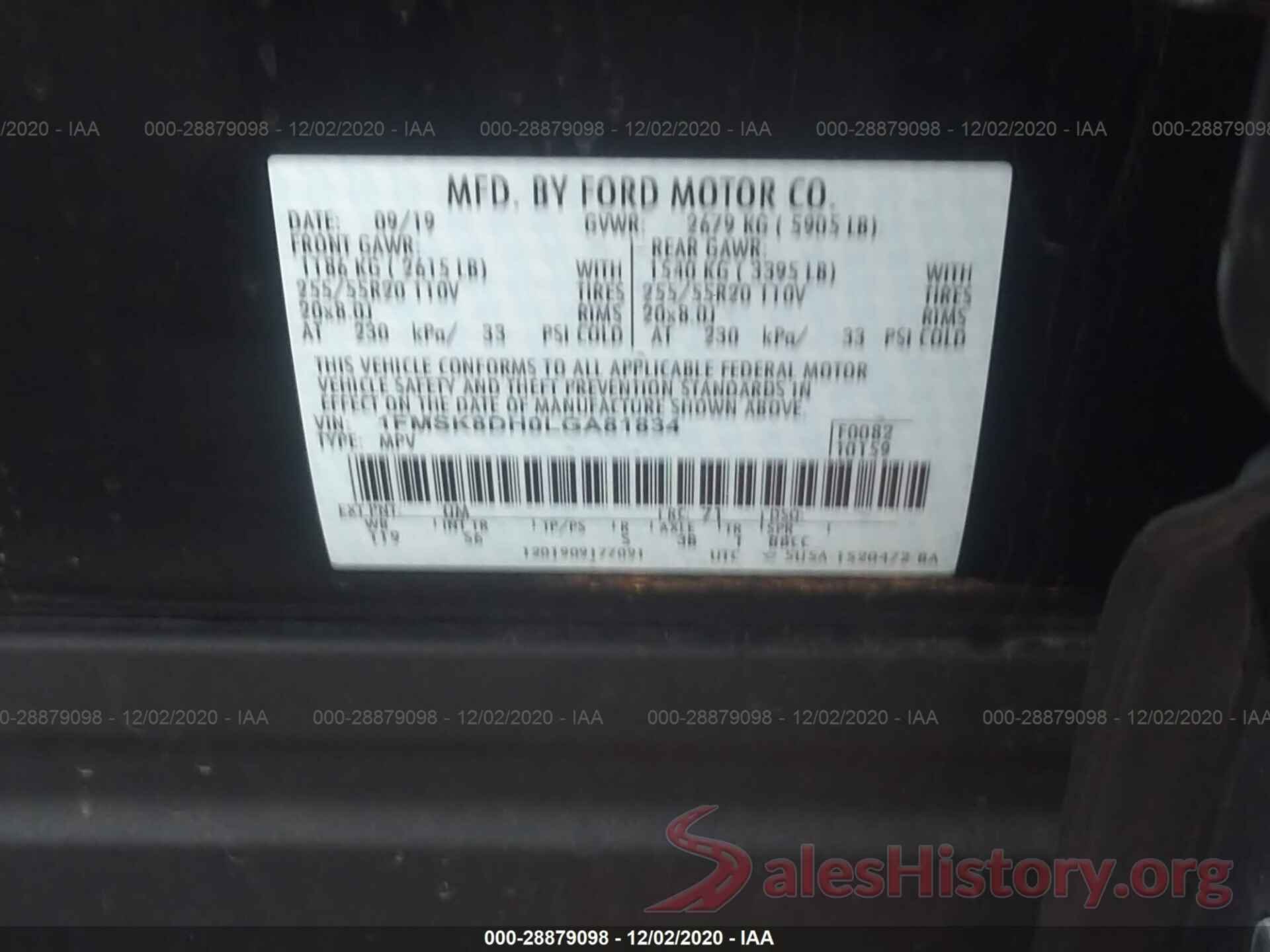 1FMSK8DH0LGA81834 2020 FORD EXPLORER