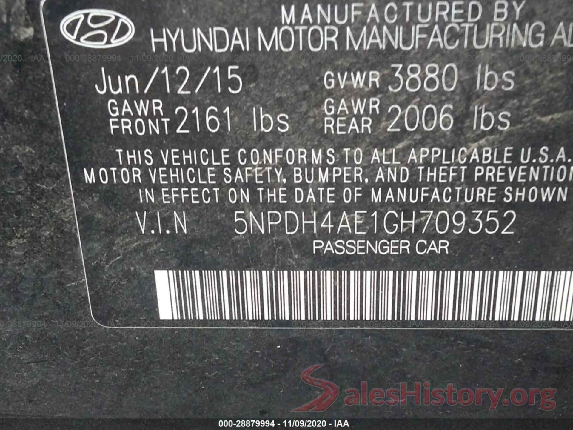 5NPDH4AE1GH709352 2016 HYUNDAI ELANTRA