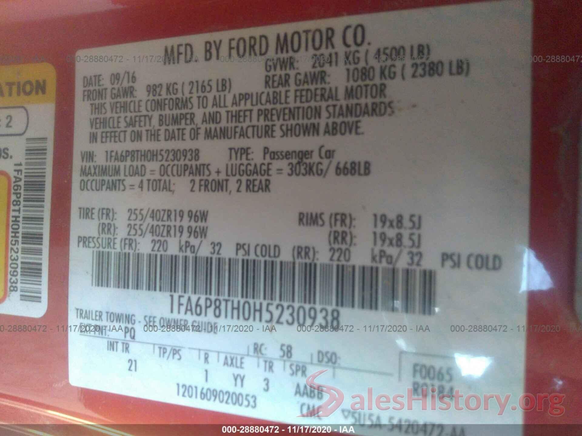 1FA6P8TH0H5230938 2017 FORD MUSTANG