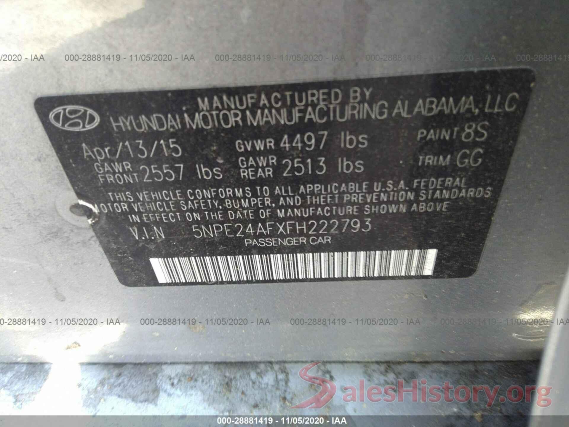 5NPE24AFXFH222793 2015 HYUNDAI SONATA