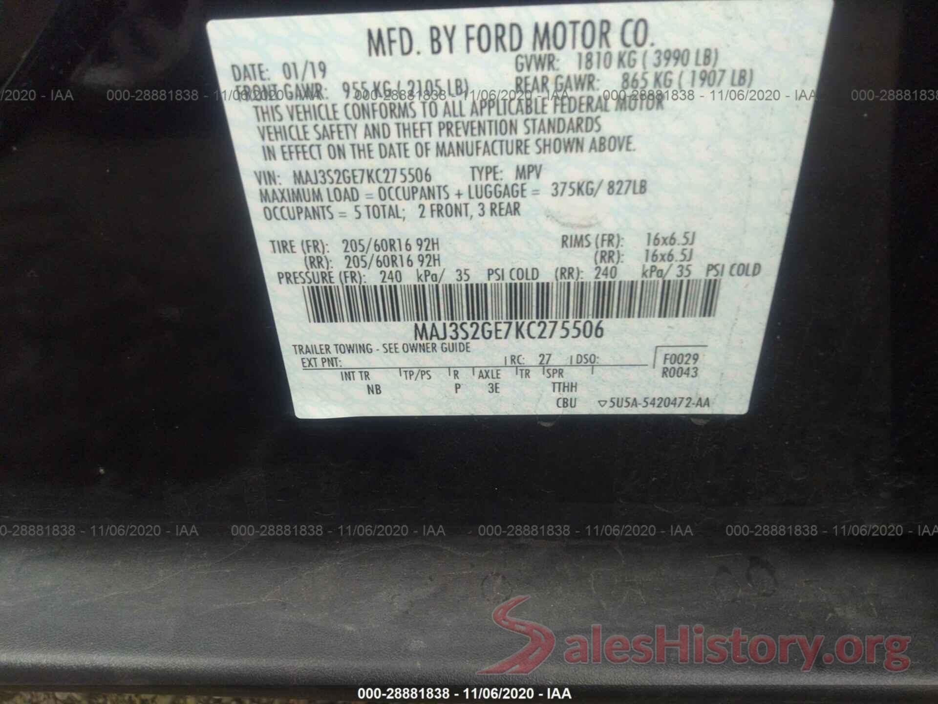 MAJ3S2GE7KC275506 2019 FORD ECOSPORT