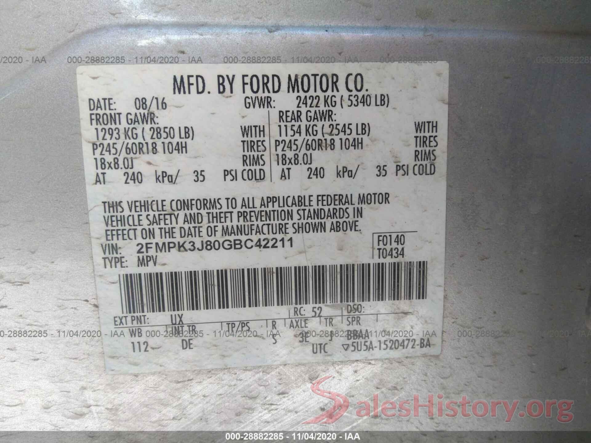 2FMPK3J80GBC42211 2016 FORD EDGE