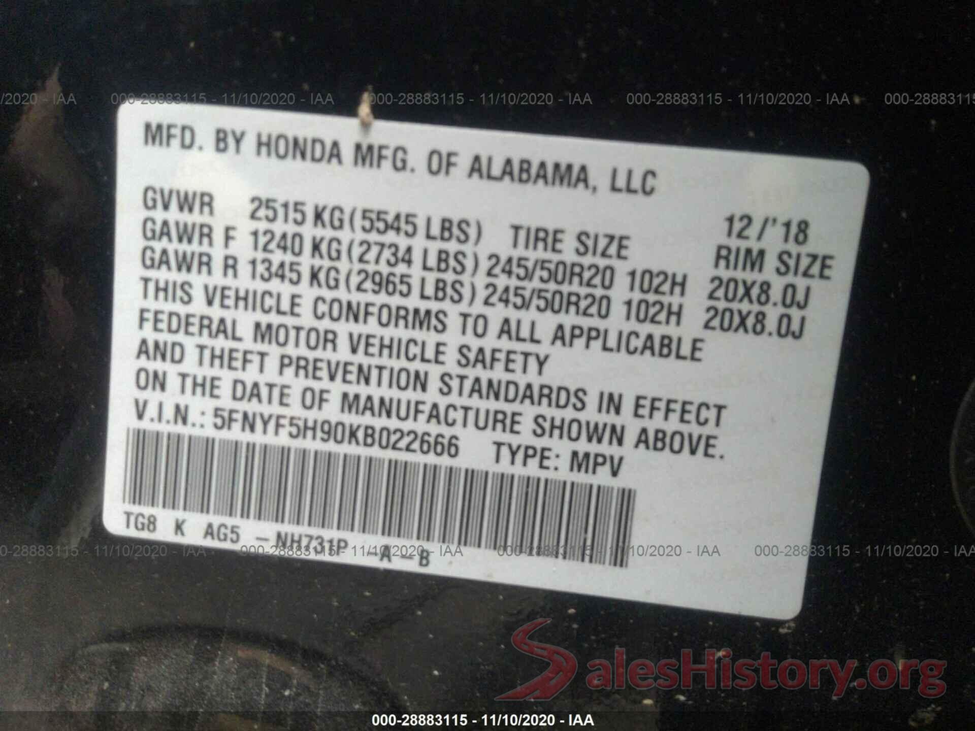 5FNYF5H90KB022666 2019 HONDA PILOT