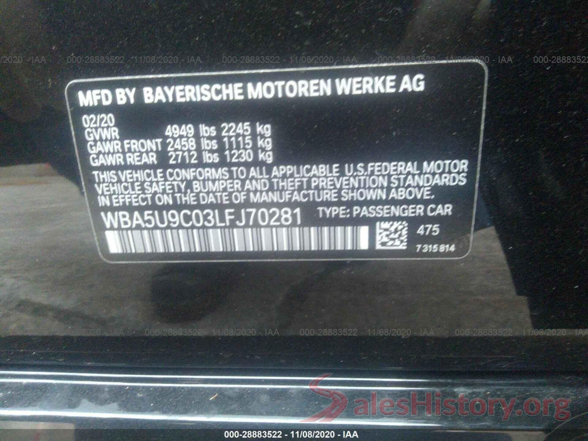 WBA5U9C03LFJ70281 2020 BMW 3 SERIES