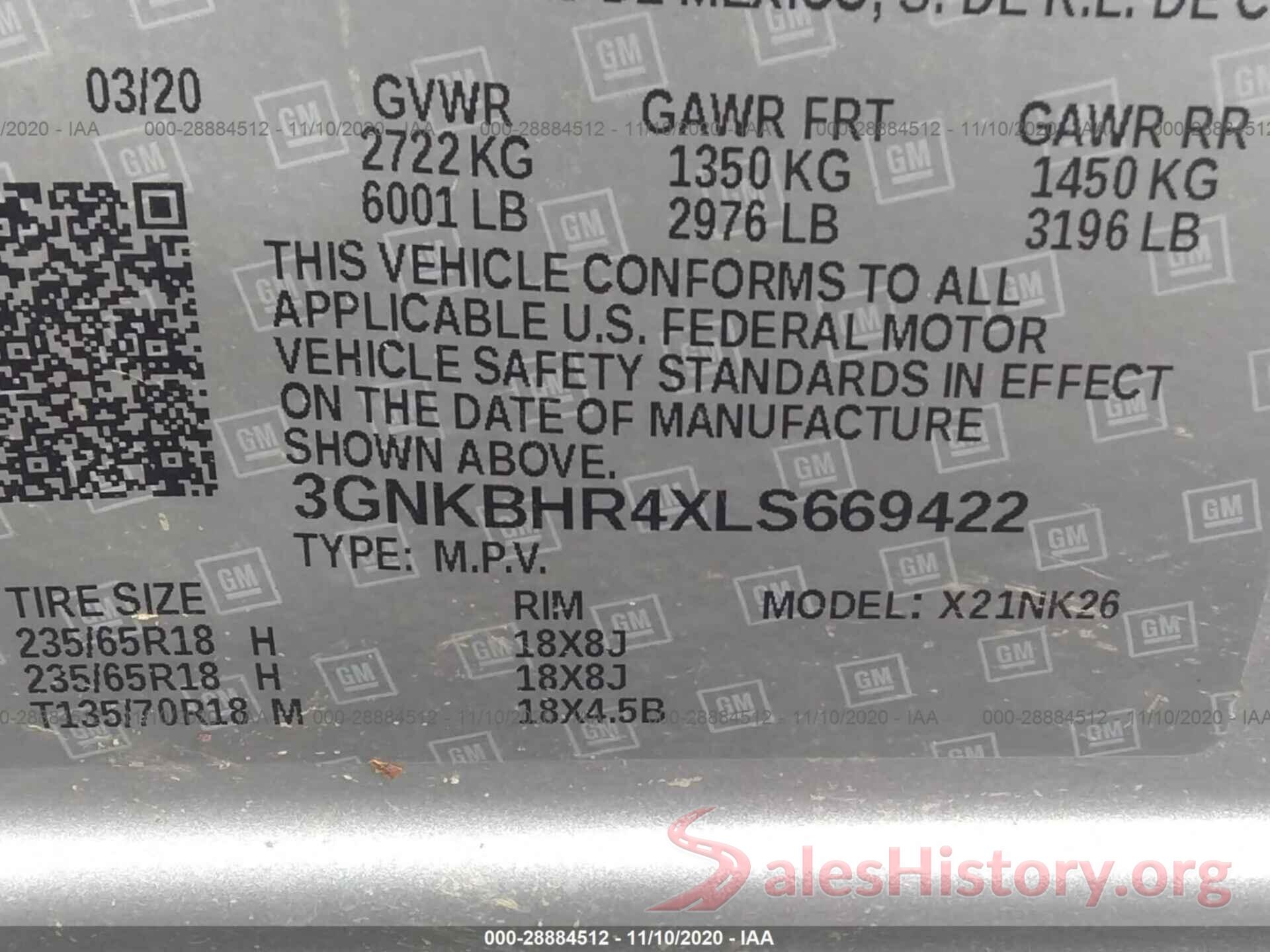 3GNKBHR4XLS669422 2020 CHEVROLET BLAZER