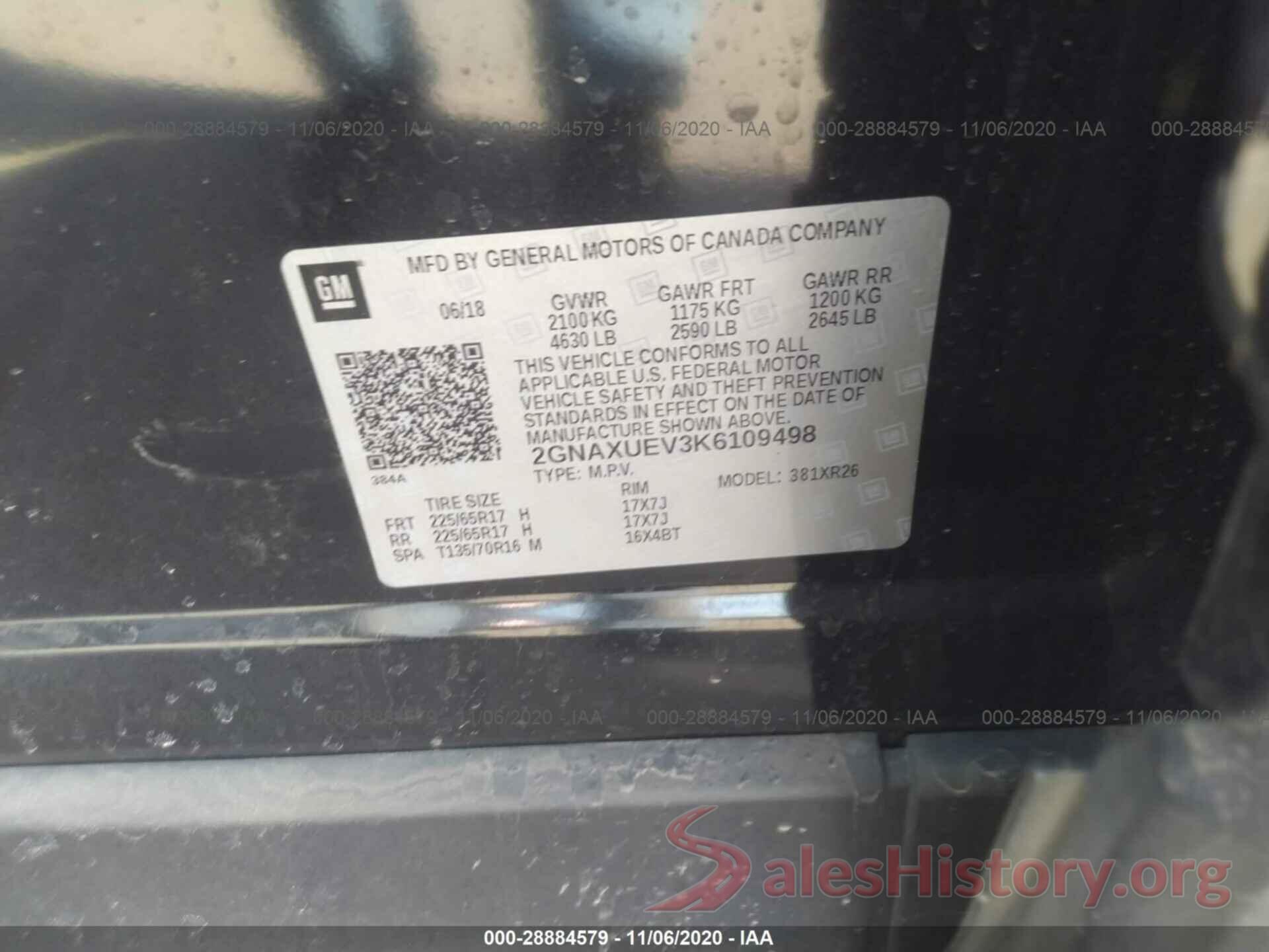 2GNAXUEV3K6109498 2019 CHEVROLET EQUINOX