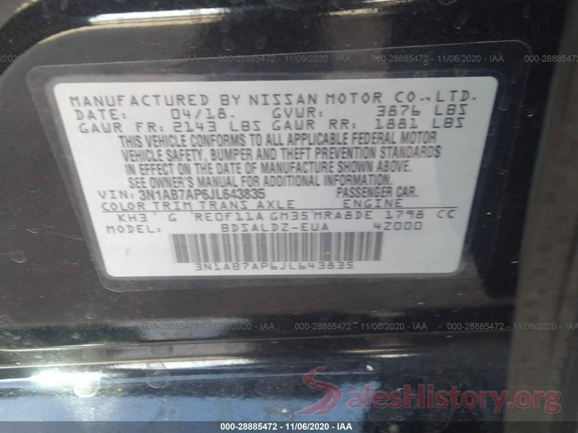 3N1AB7AP6JL643835 2018 NISSAN SENTRA