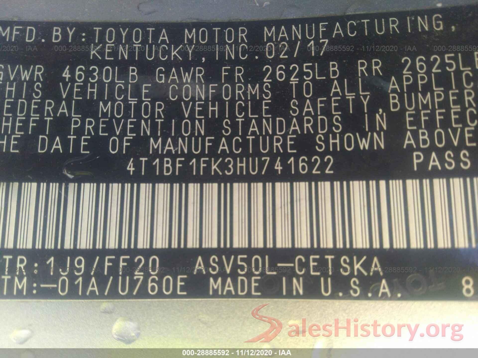 4T1BF1FK3HU741622 2017 TOYOTA CAMRY