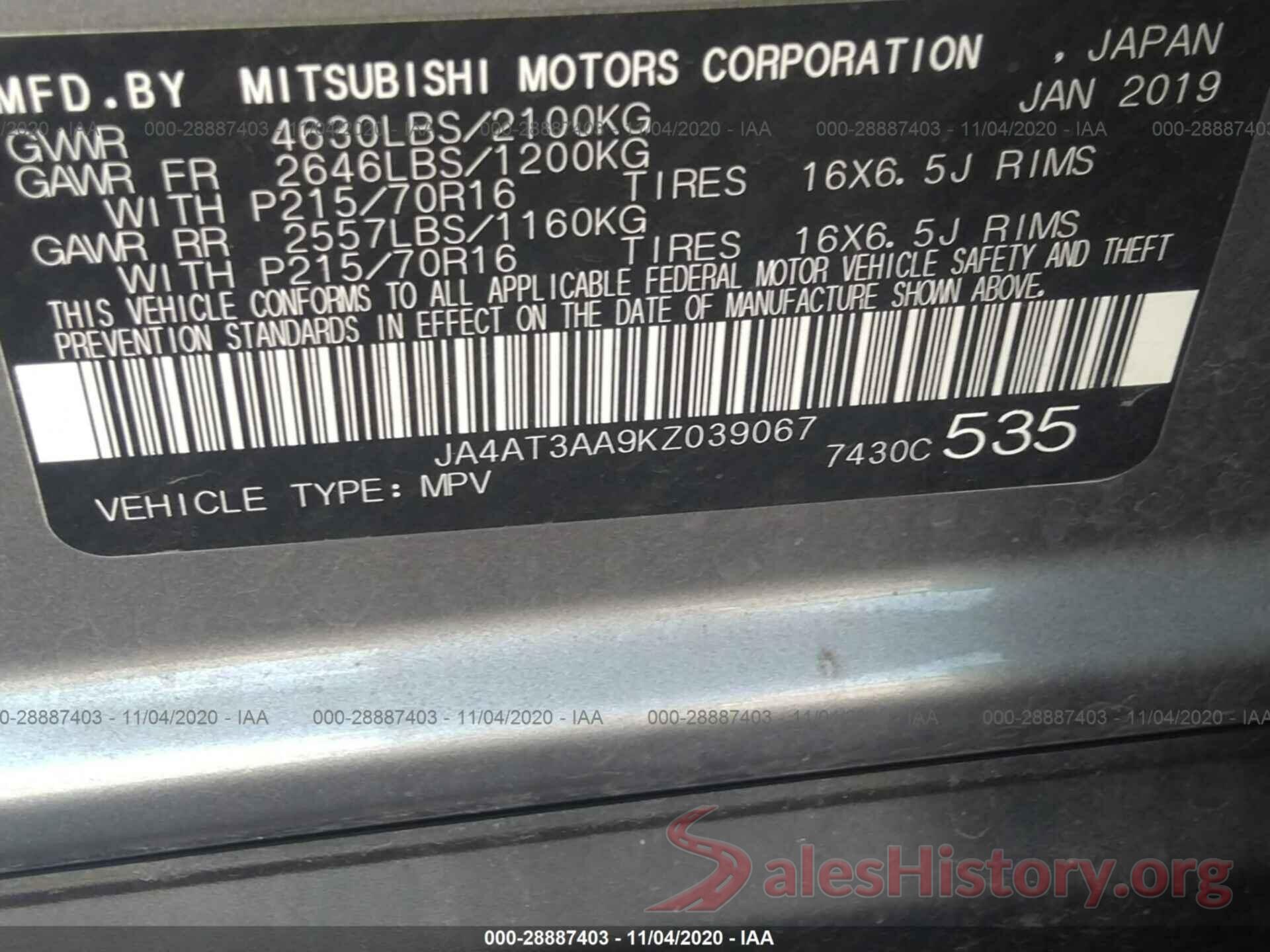 JA4AT3AA9KZ039067 2019 MITSUBISHI ECLIPSE CROSS