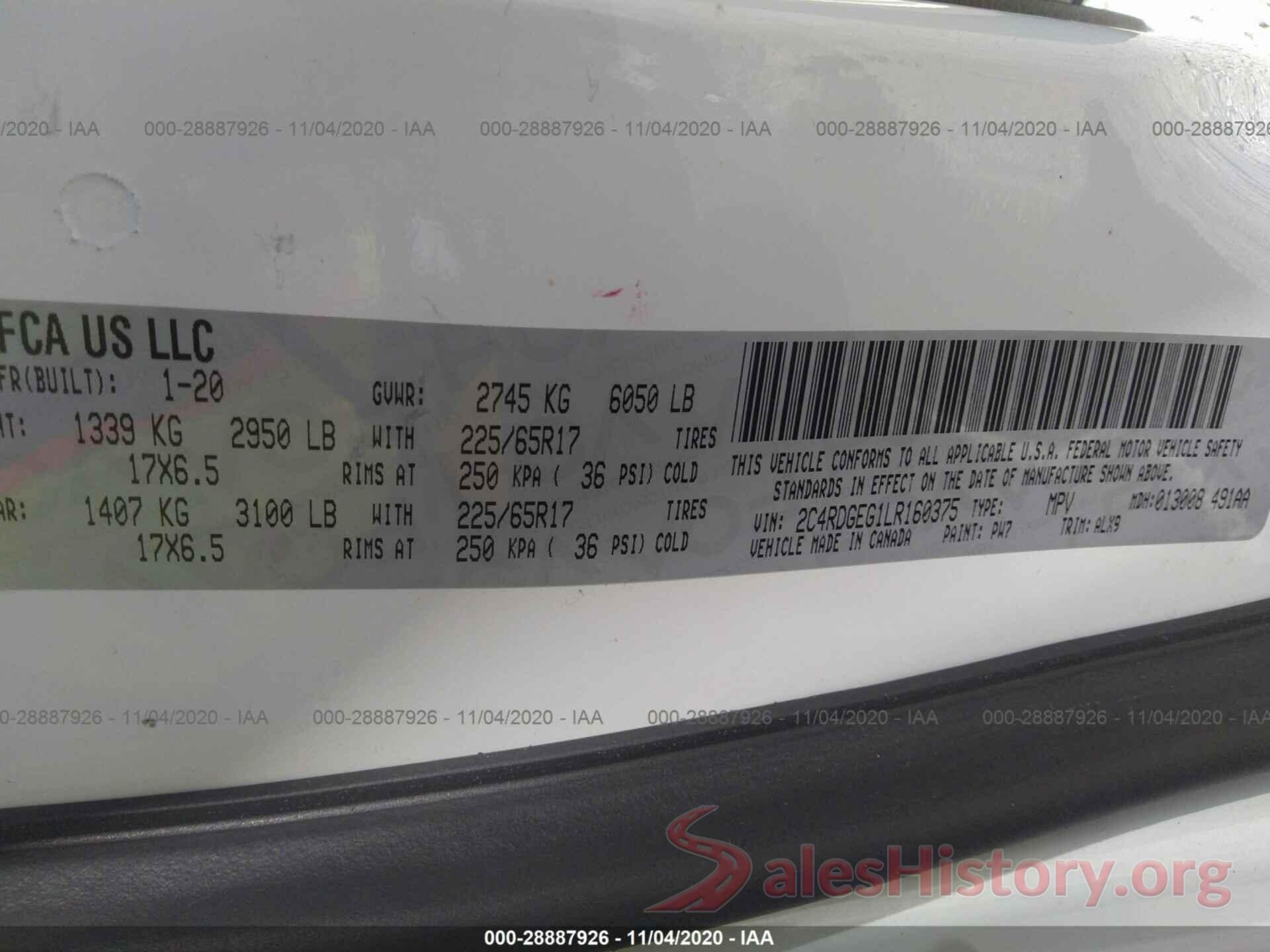 2C4RDGEG1LR160375 2020 DODGE GRAND CARAVAN