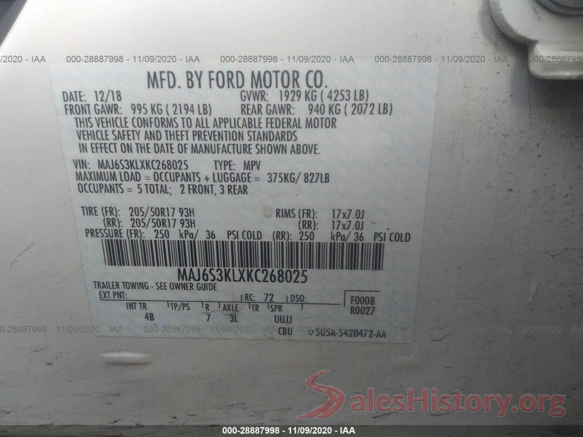 MAJ6S3KLXKC268025 2019 FORD ECOSPORT