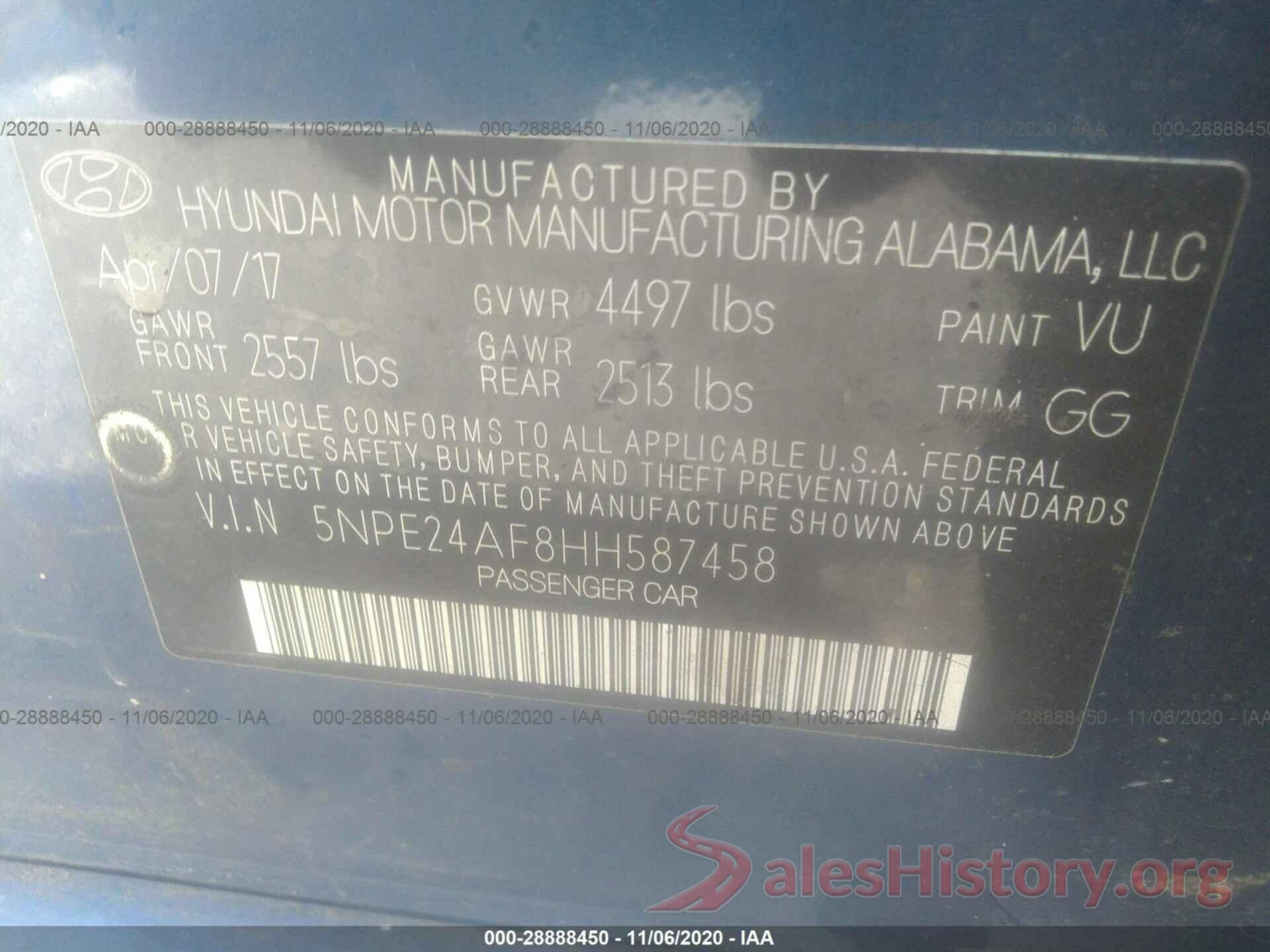 5NPE24AF8HH587458 2017 HYUNDAI SONATA