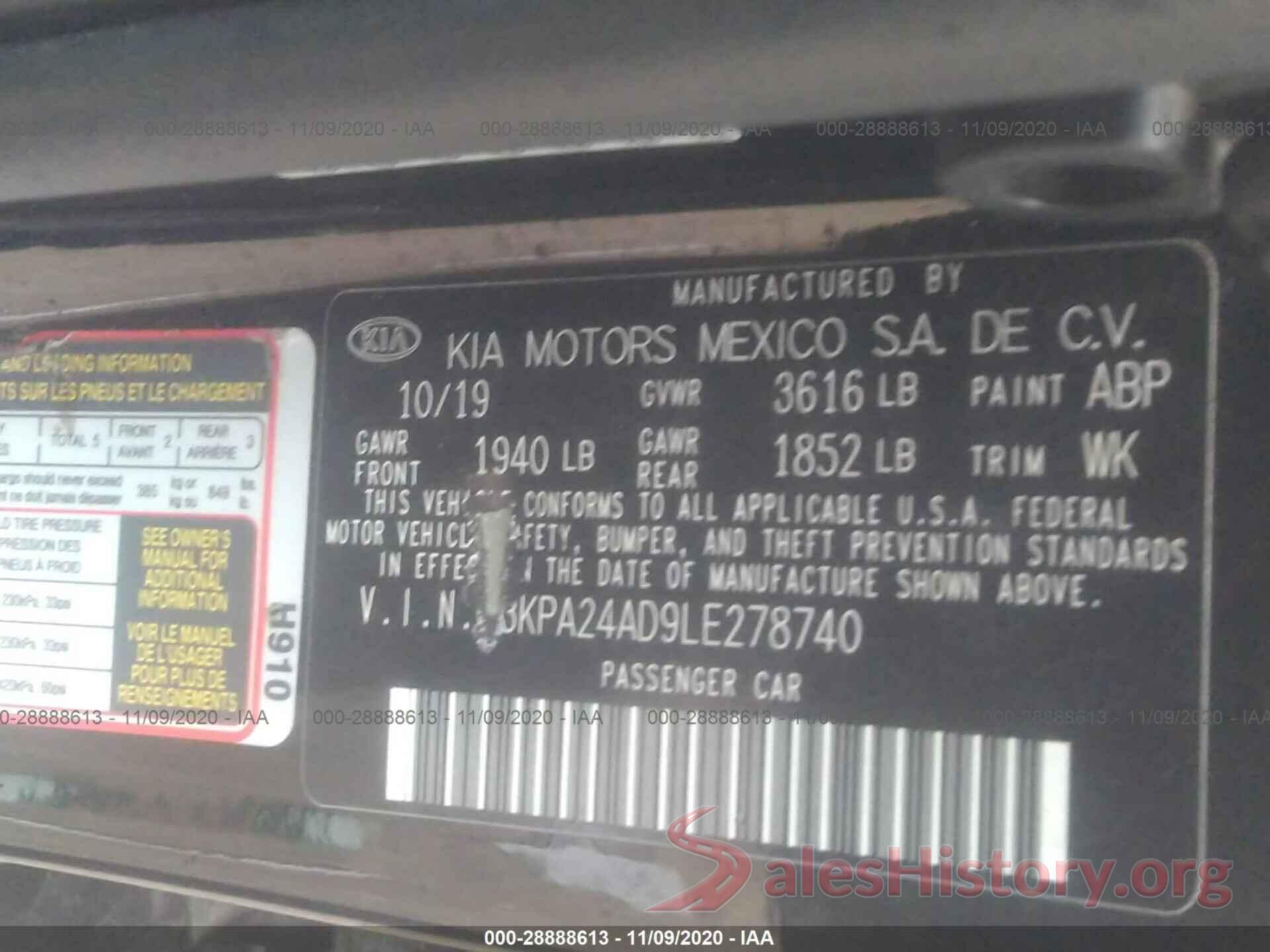 3KPA24AD9LE278740 2020 KIA RIO