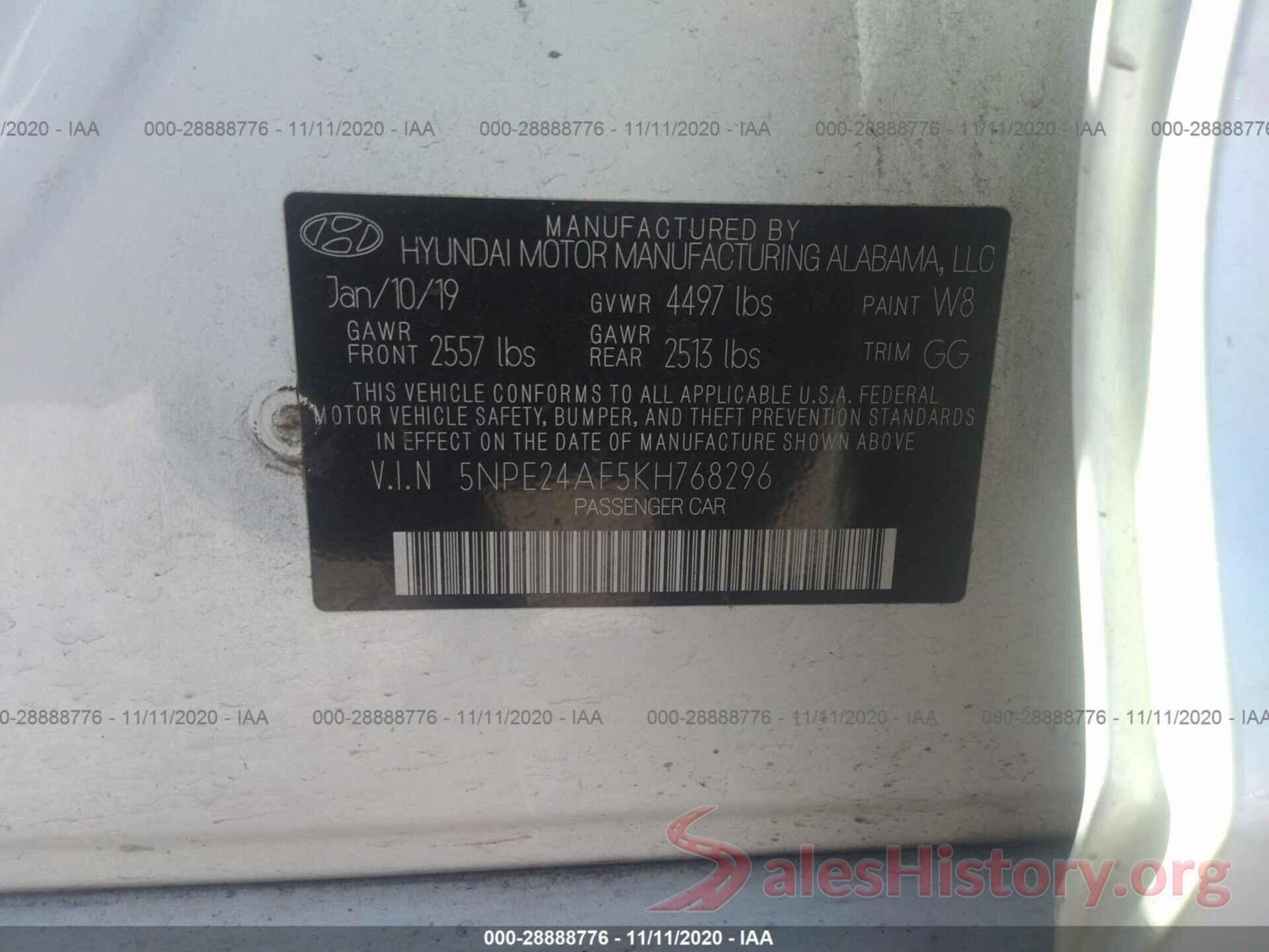 5NPE24AF5KH768296 2019 HYUNDAI SONATA