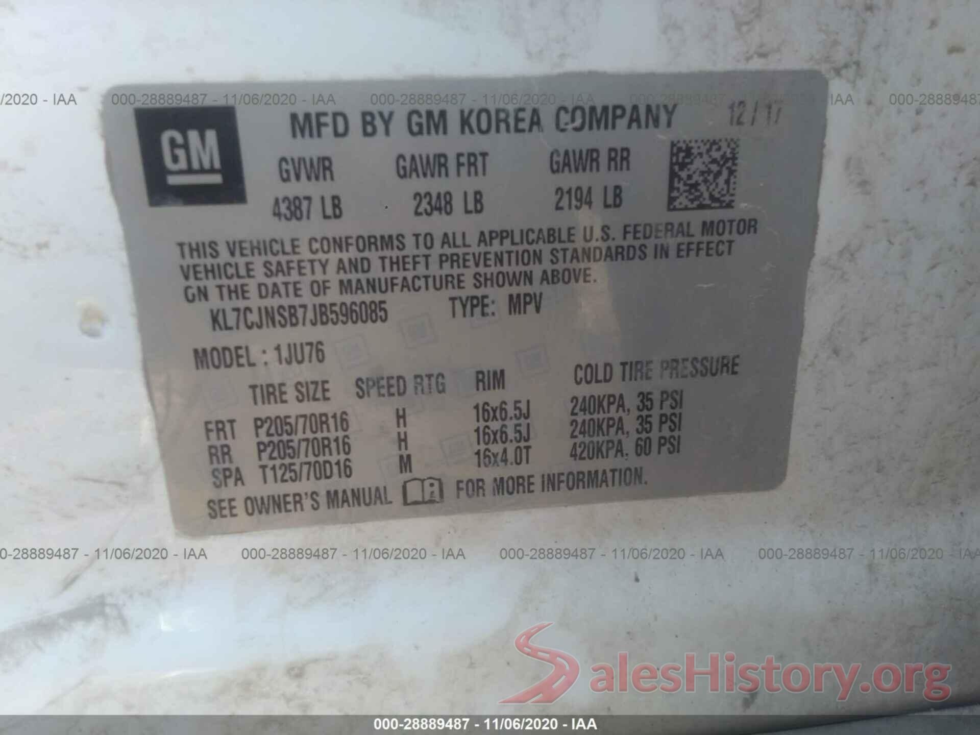 KL7CJNSB7JB596085 2018 CHEVROLET TRAX