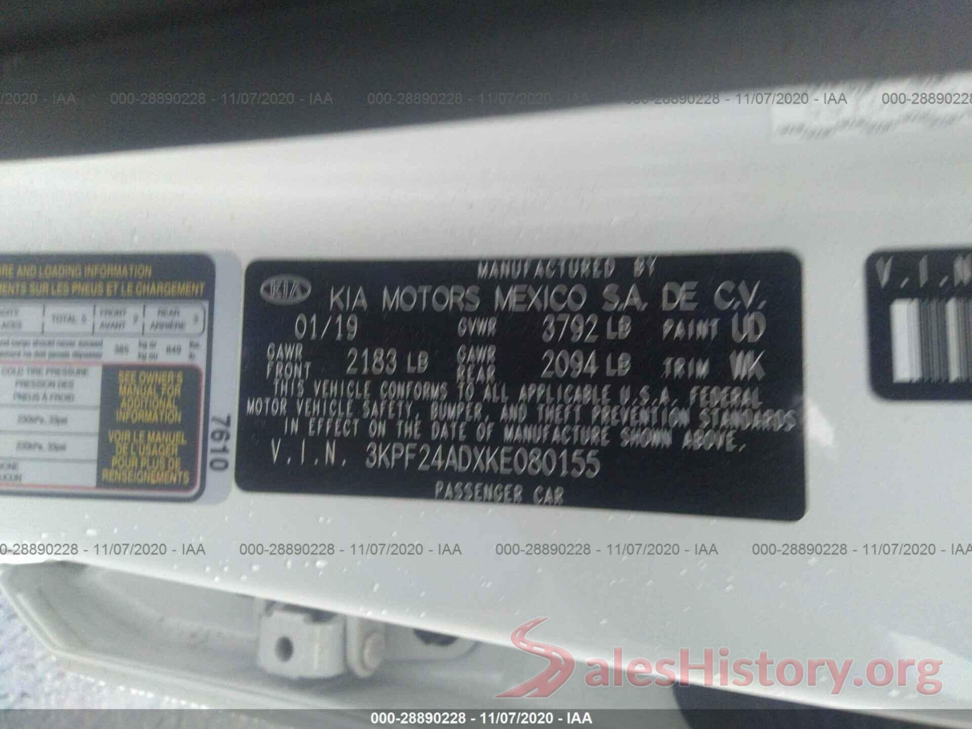 3KPF24ADXKE080155 2019 KIA FORTE