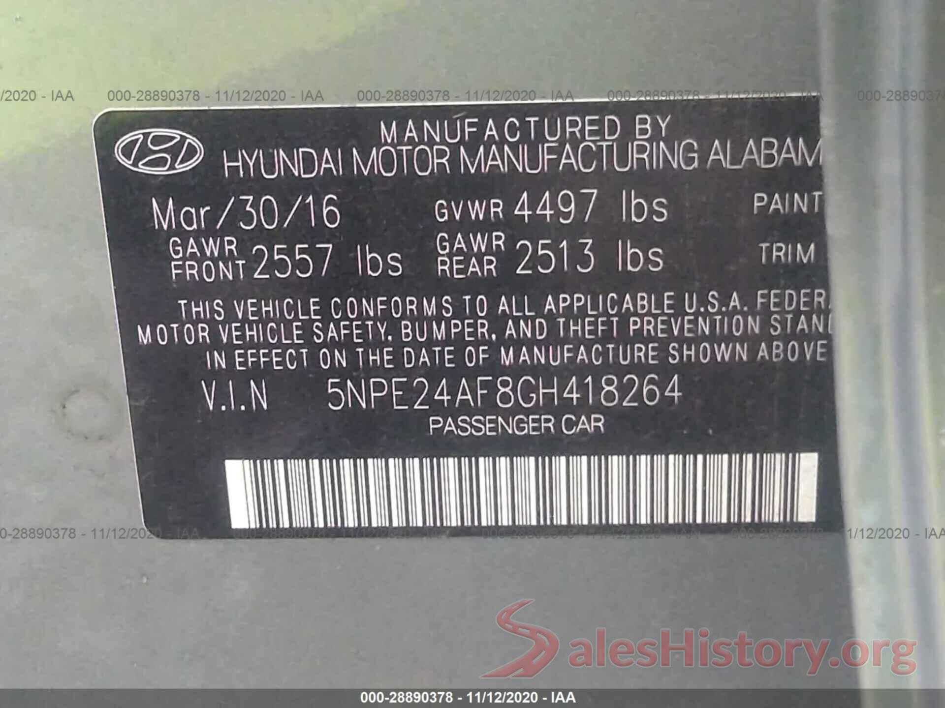 5NPE24AF8GH418264 2016 HYUNDAI SONATA