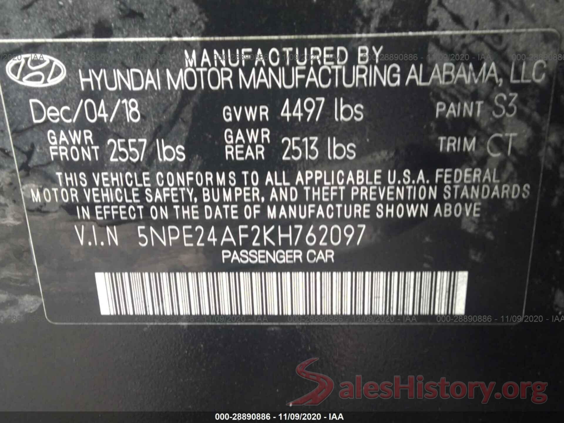 5NPE24AF2KH762097 2019 HYUNDAI SONATA