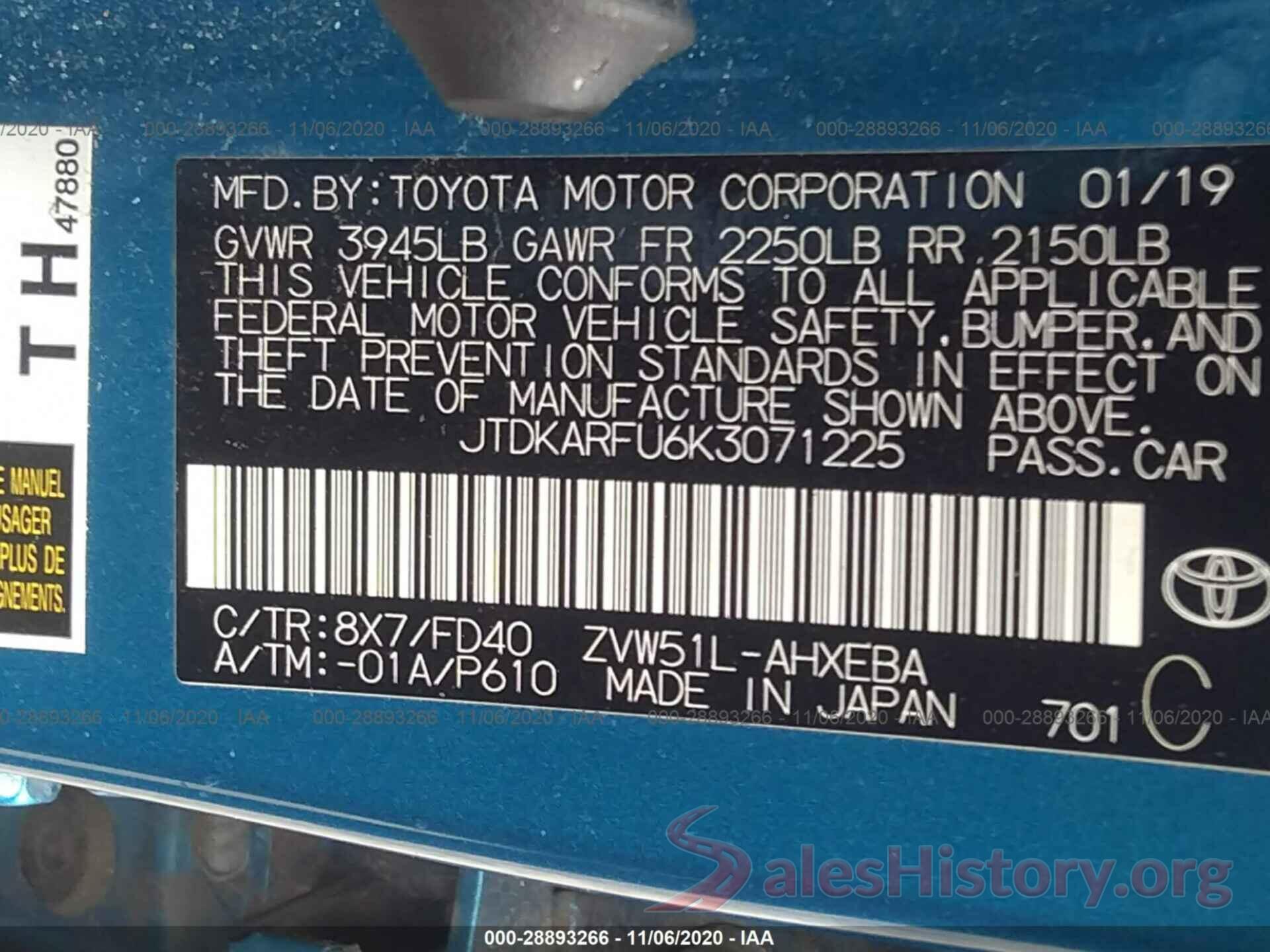 JTDKARFU6K3071225 2019 TOYOTA PRIUS