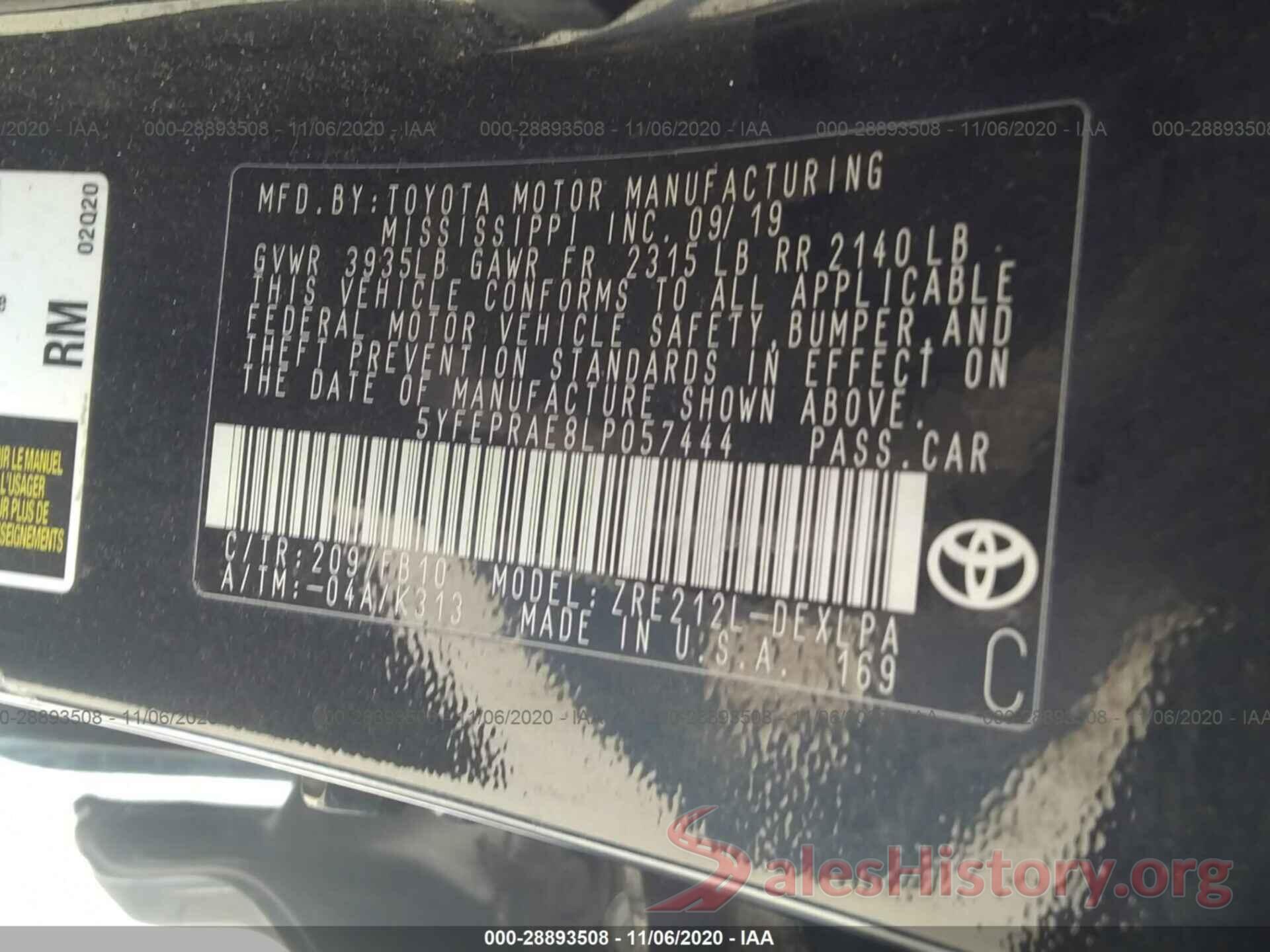 5YFEPRAE8LP057444 2020 TOYOTA COROLLA