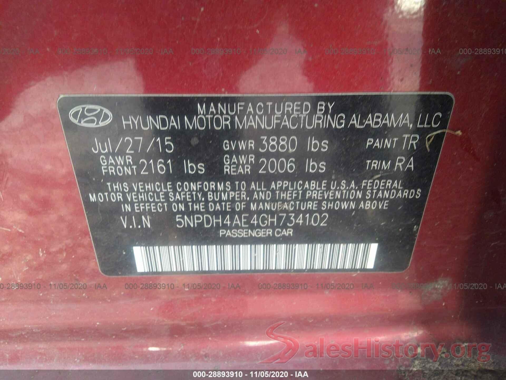 5NPDH4AE4GH734102 2016 HYUNDAI ELANTRA