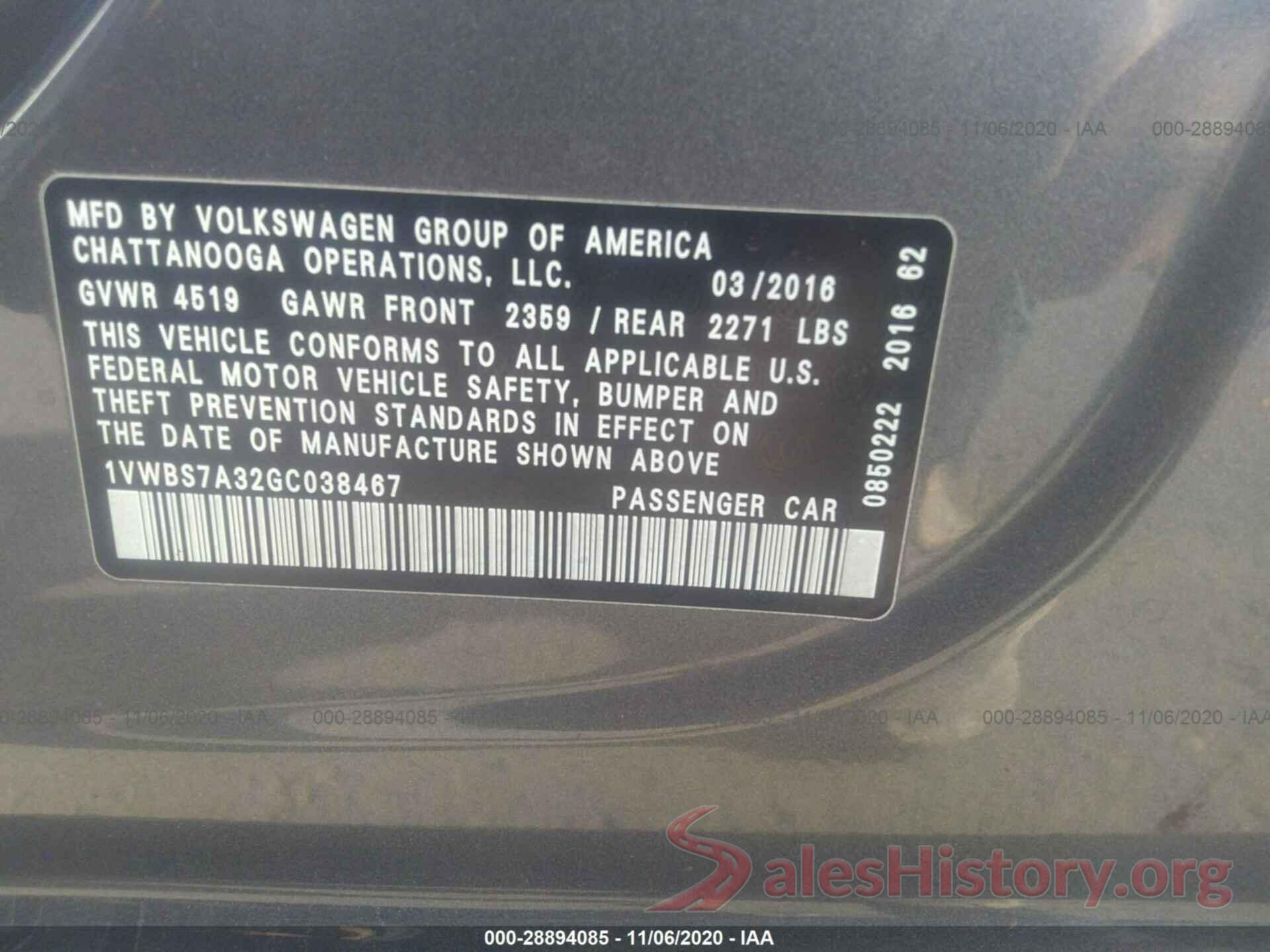 1VWBS7A32GC038467 2016 VOLKSWAGEN PASSAT