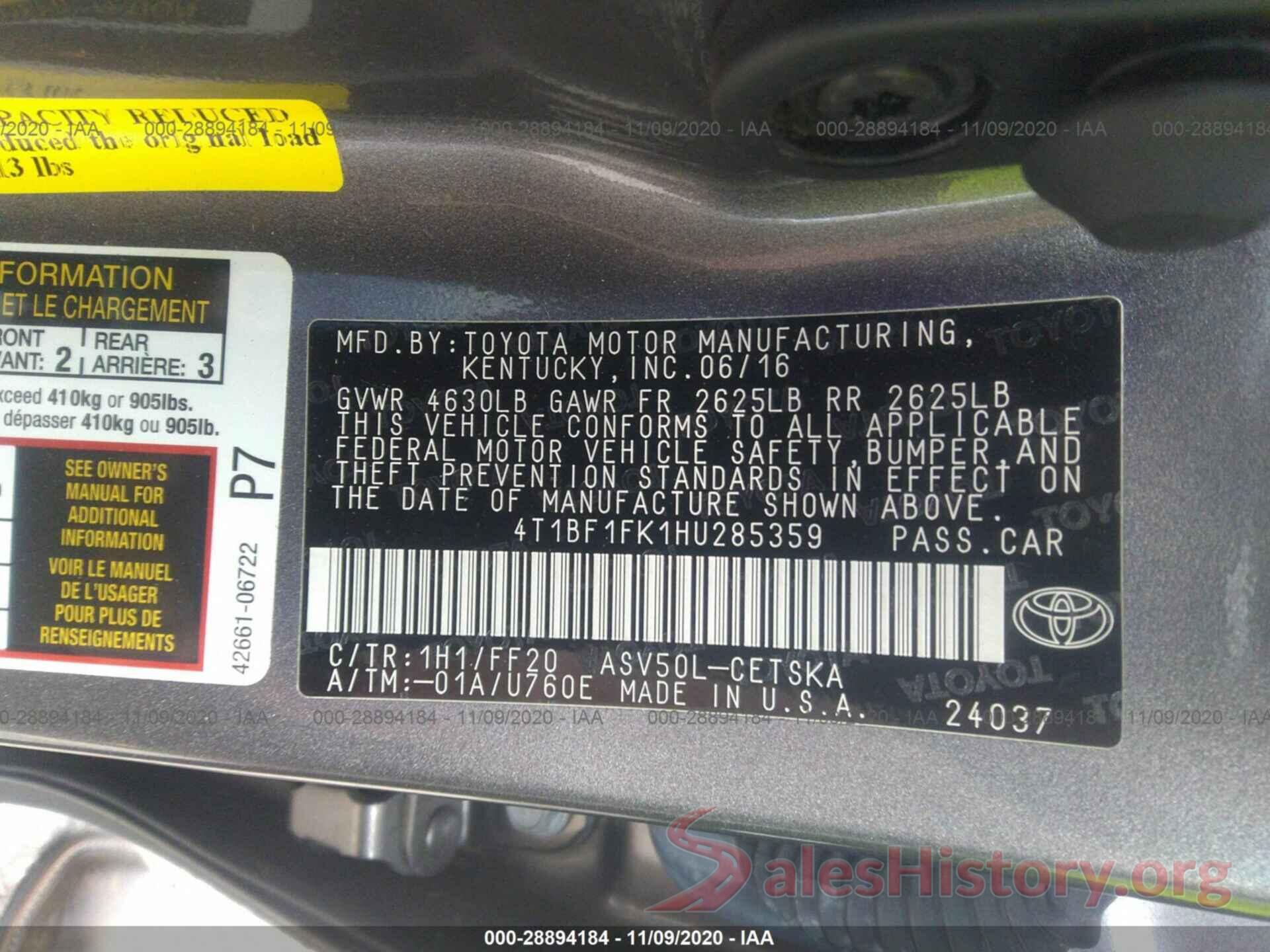 4T1BF1FK1HU285359 2017 TOYOTA CAMRY