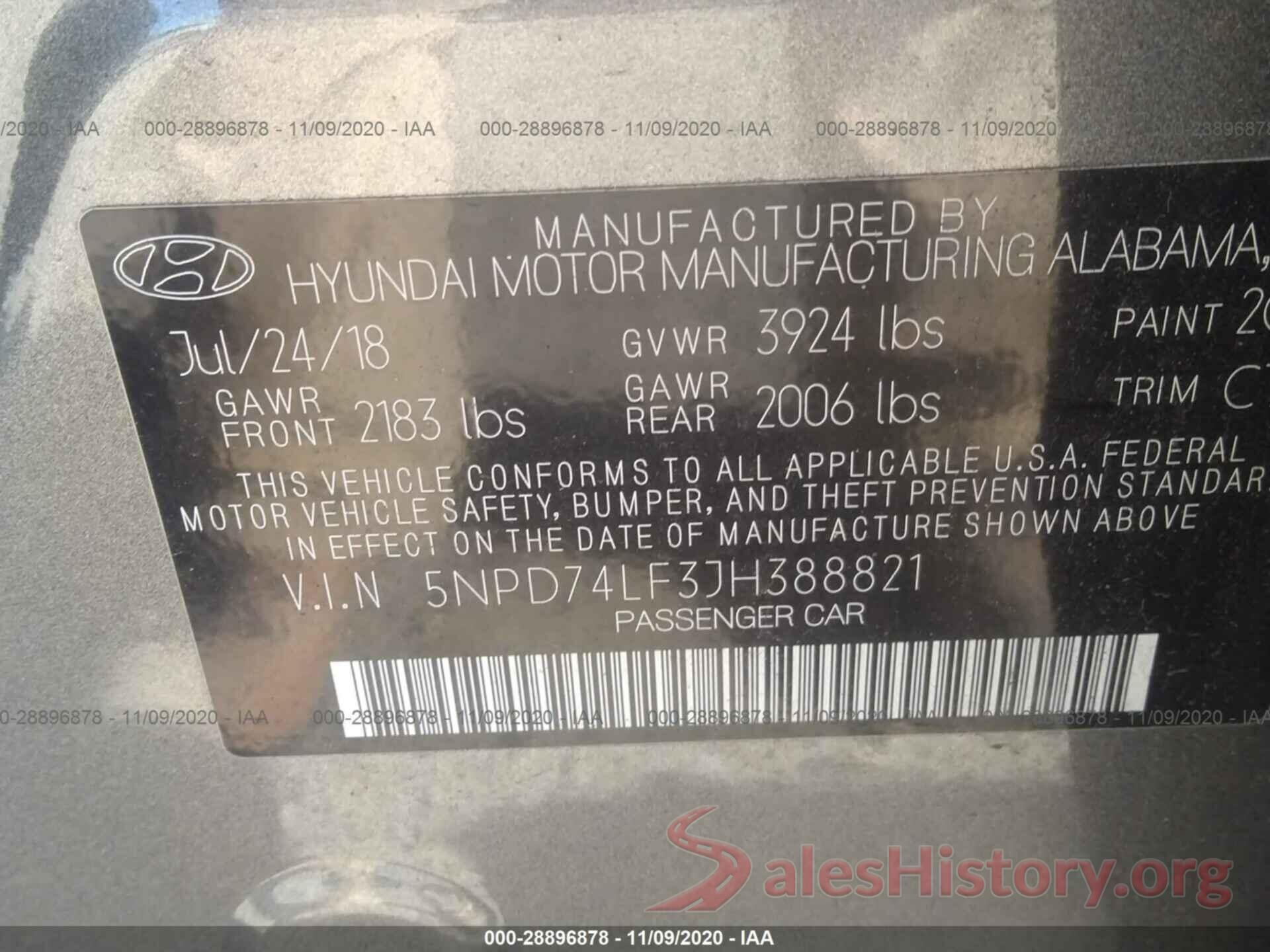 5NPD74LF3JH388821 2018 HYUNDAI ELANTRA