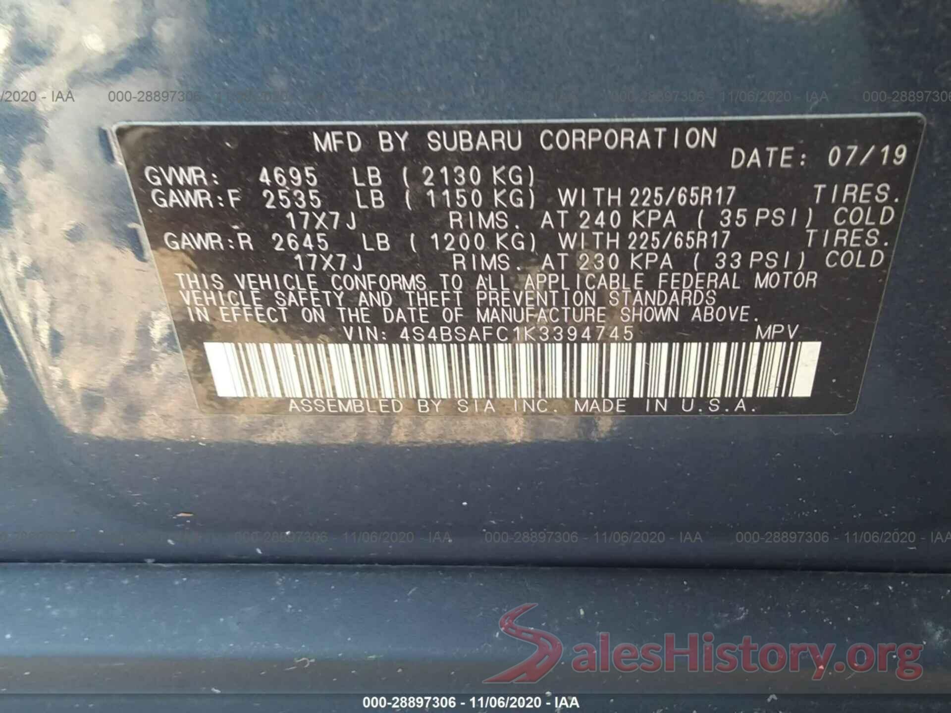 4S4BSAFC1K3394745 2019 SUBARU OUTBACK