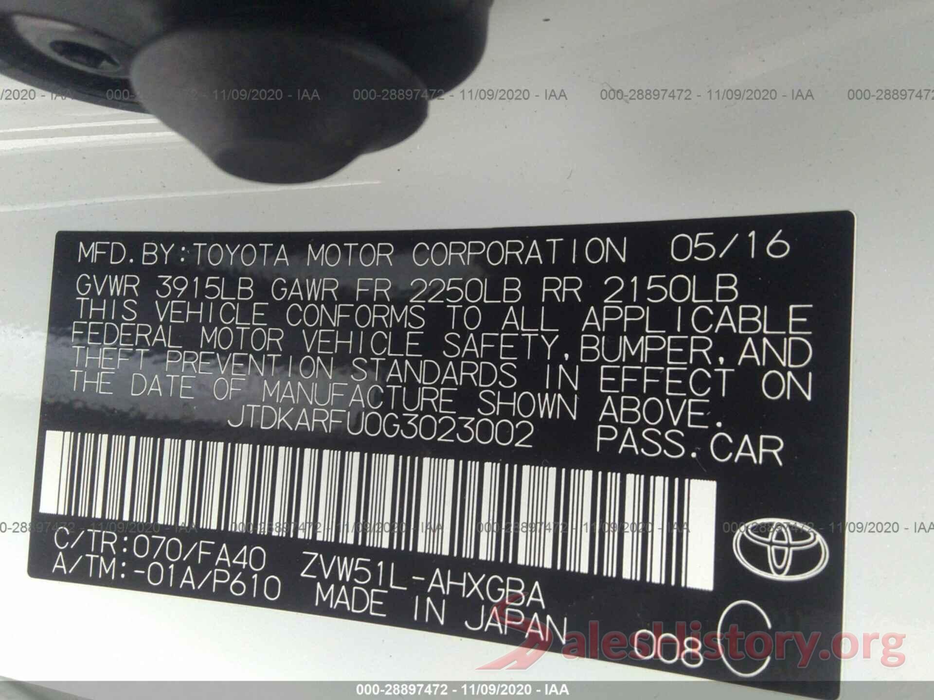 JTDKARFU0G3023002 2016 TOYOTA PRIUS