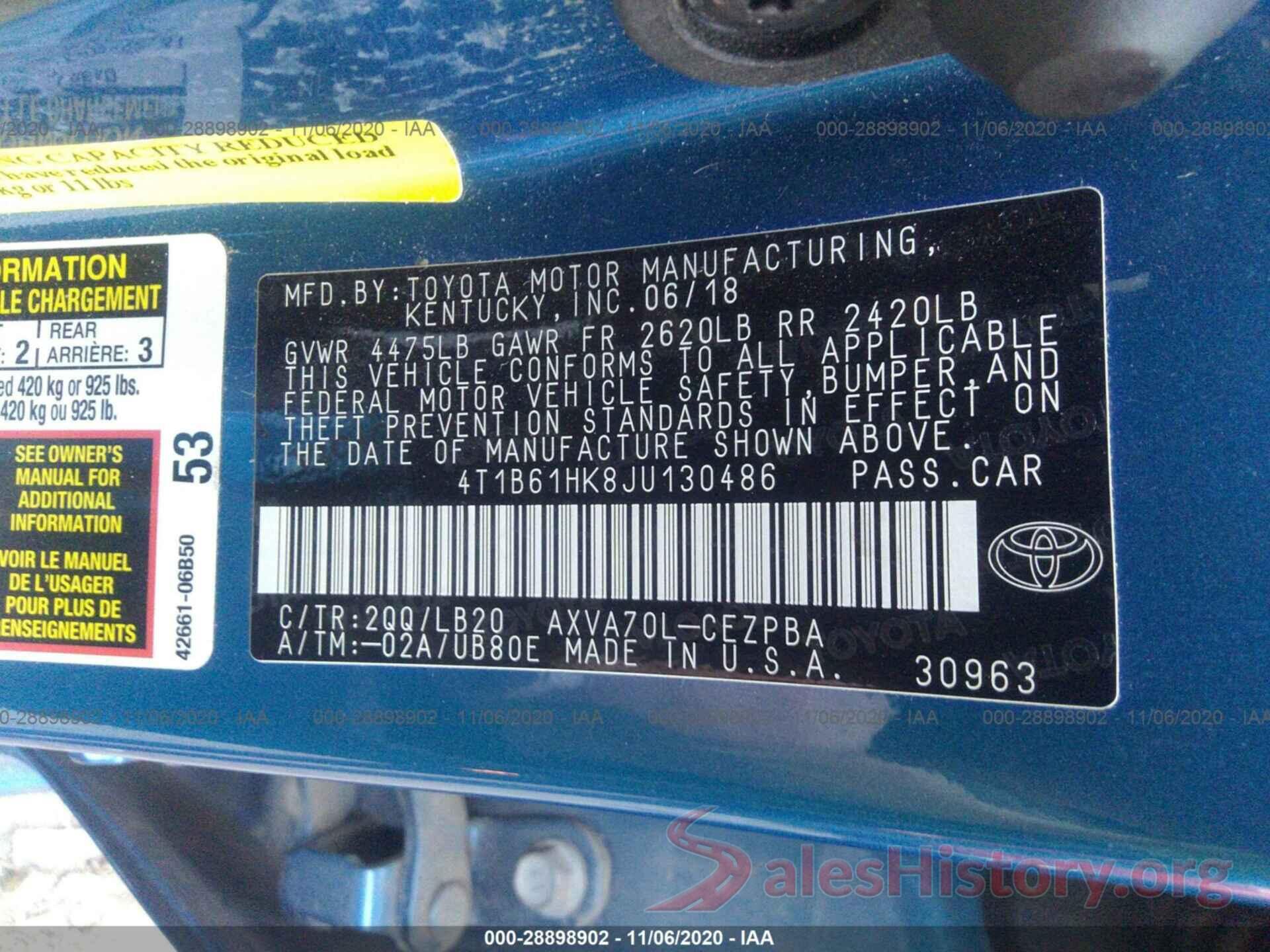 4T1B61HK8JU130486 2018 TOYOTA CAMRY