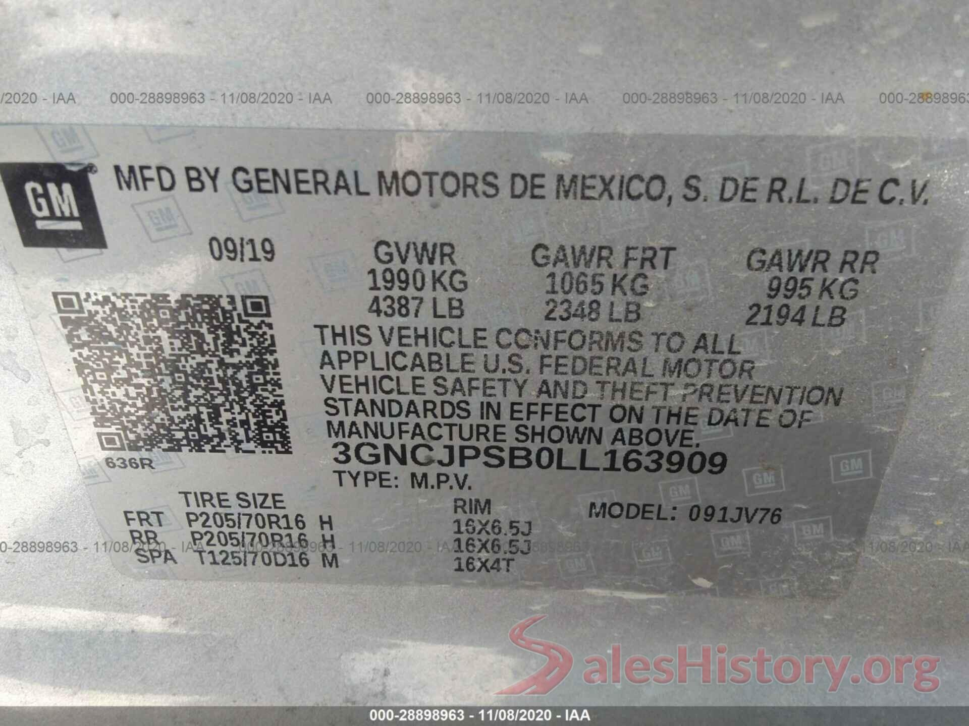 3GNCJPSB0LL163909 2020 CHEVROLET TRAX