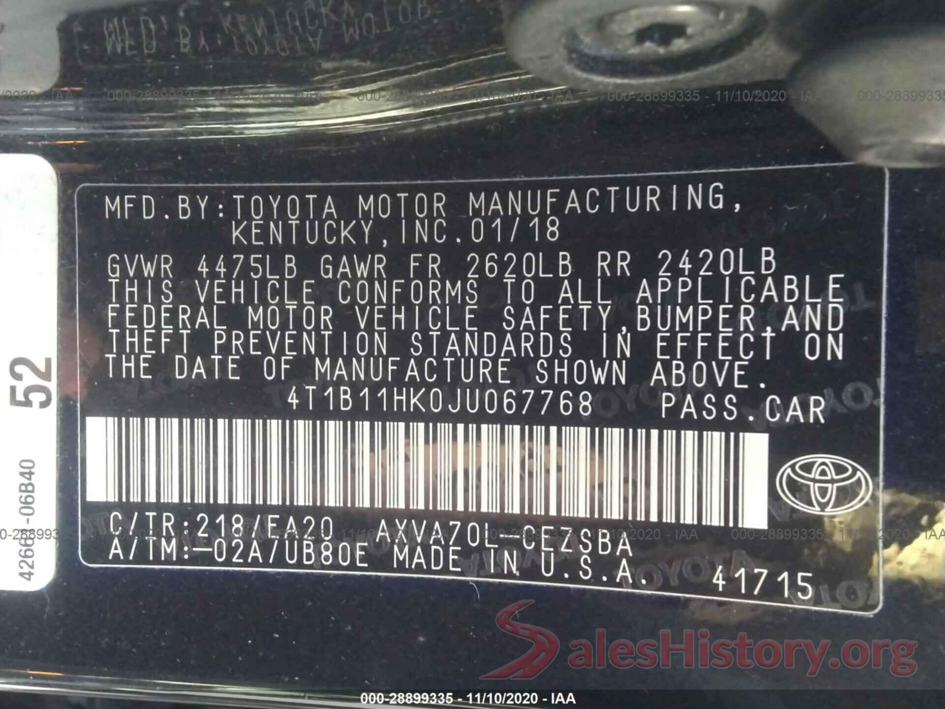 4T1B11HK0JU067768 2018 TOYOTA CAMRY