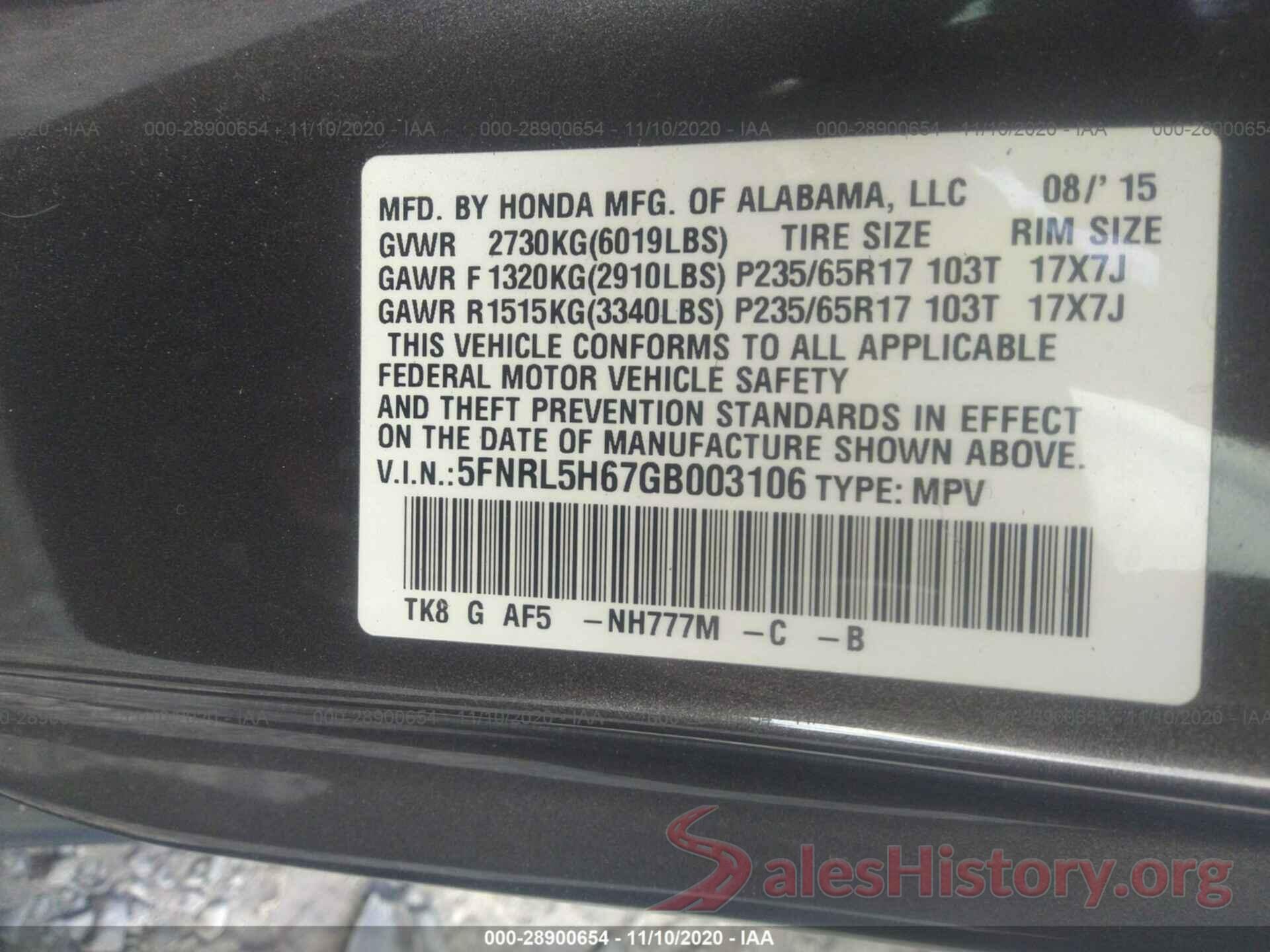 5FNRL5H67GB003106 2016 HONDA ODYSSEY